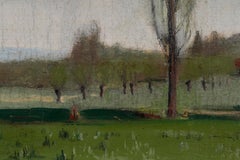 Paisaje primaveral con álamos, pintura al óleo impresionista de campiña