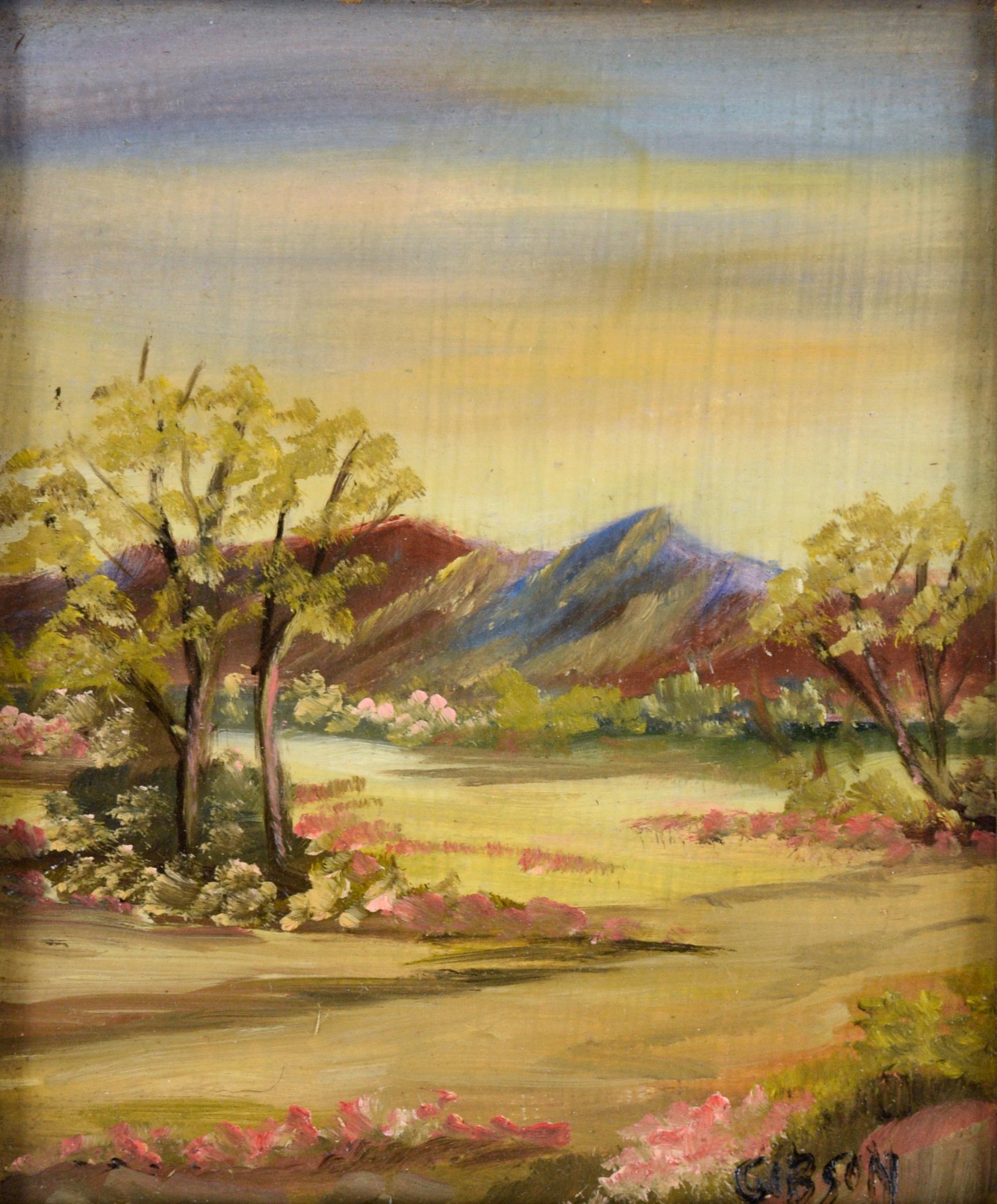 Paysage en plein air de la vallée de Spring Valley à l'huile sur massonite par Gibson - Painting de Unknown