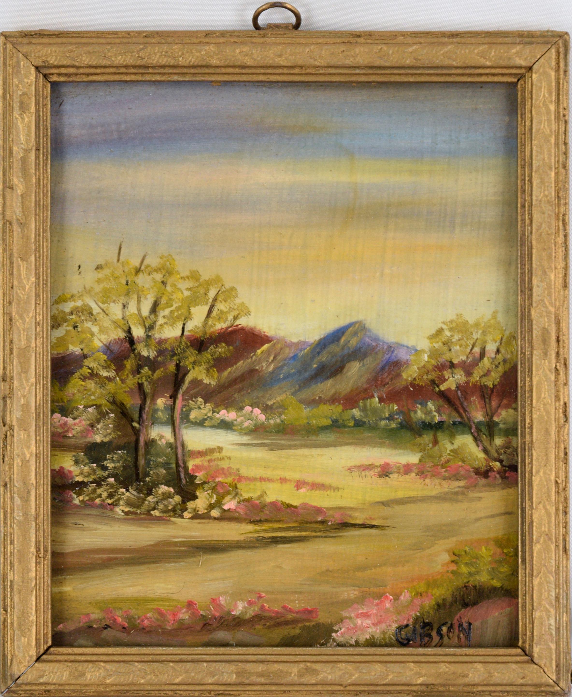 Paysage en plein air de la vallée de Spring Valley à l'huile sur massonite par Gibson - Impressionnisme américain Painting par Unknown