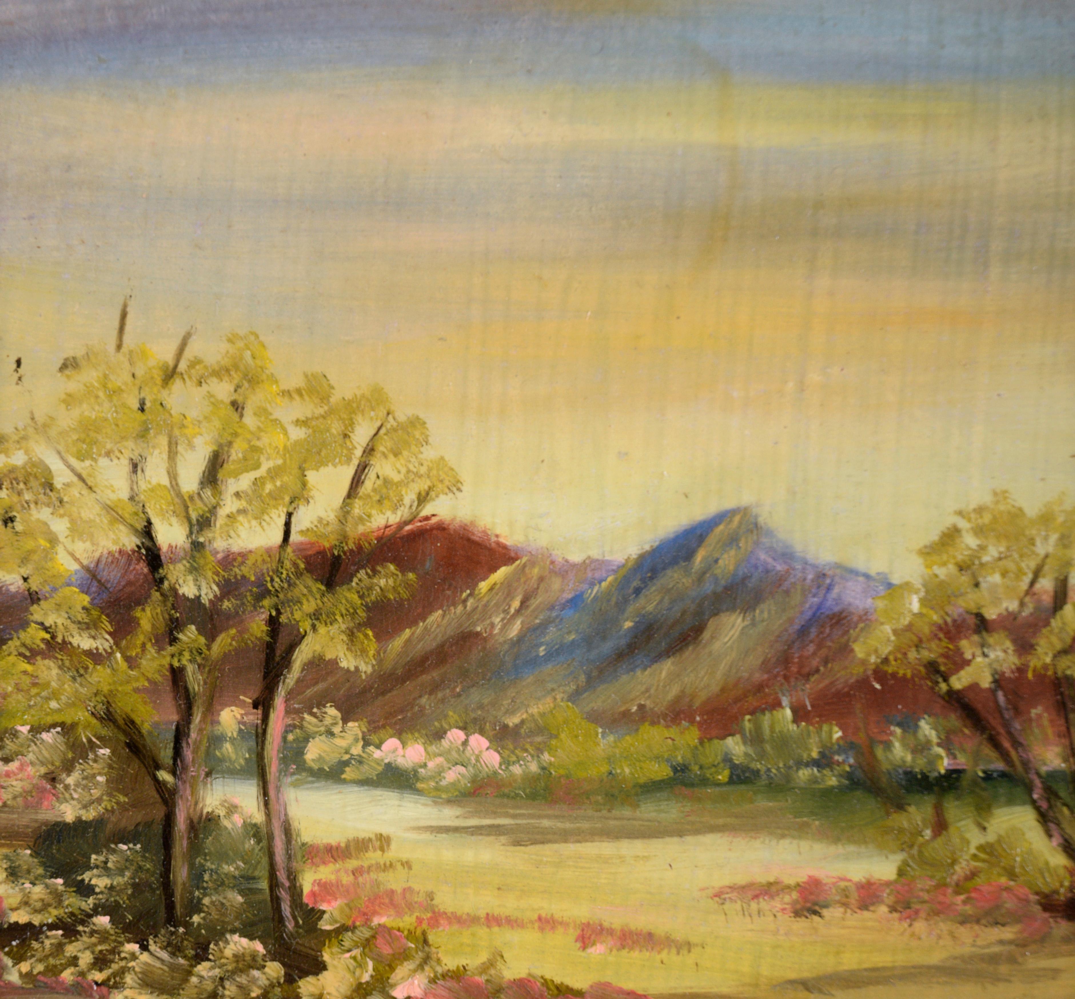 Paysage en plein air de la vallée de Spring Valley à l'huile sur massonite par Gibson - Marron Landscape Painting par Unknown
