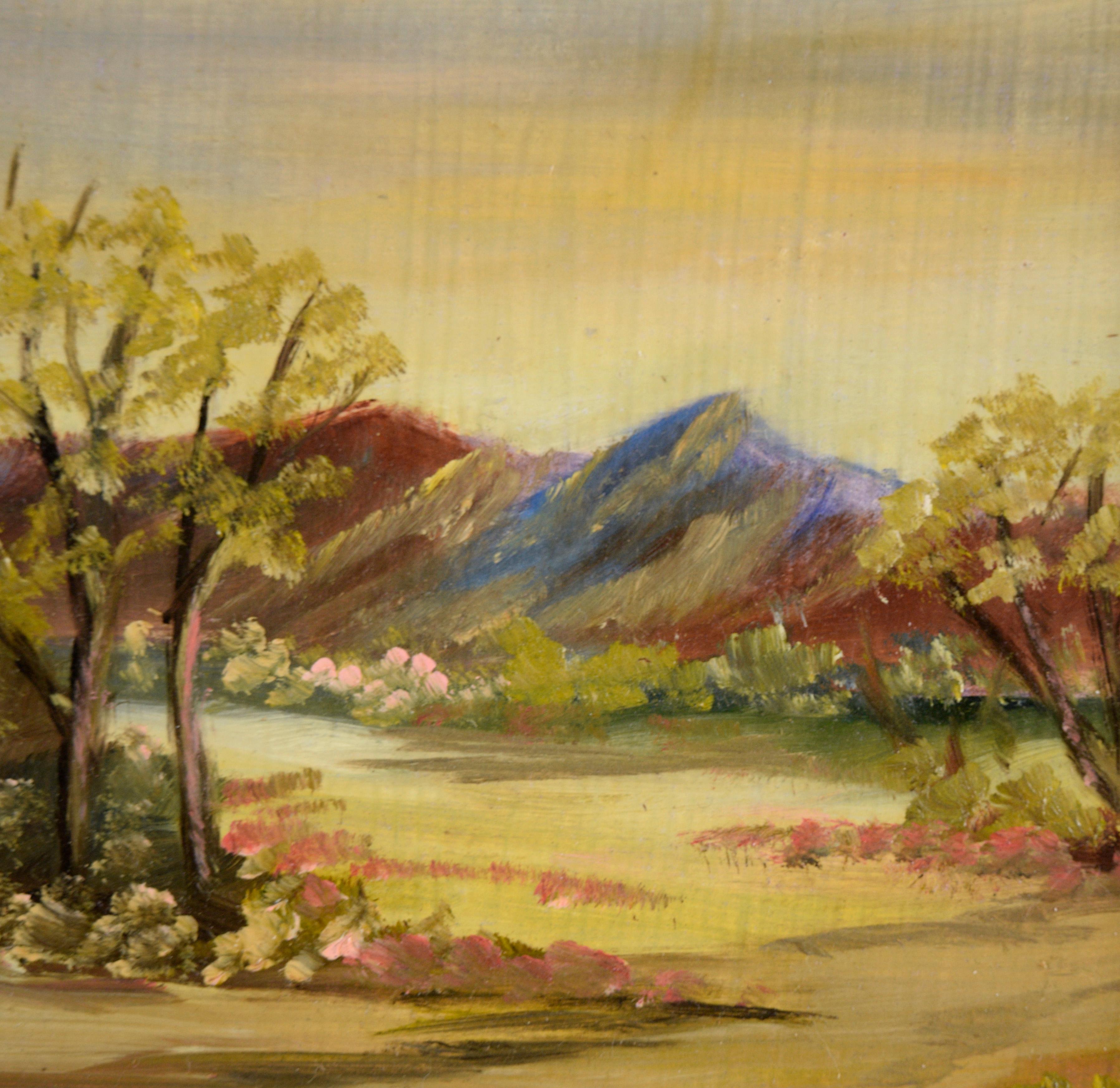 Spring Valley - Petit paysage Plein Air à l'huile sur Masonite

Paysage idyllique de vallée avec des montagnes au loin par Gibson (20e siècle). Des fleurs roses s'épanouissent dans tout le paysage, avec une poignée d'arbres vert clair de part et