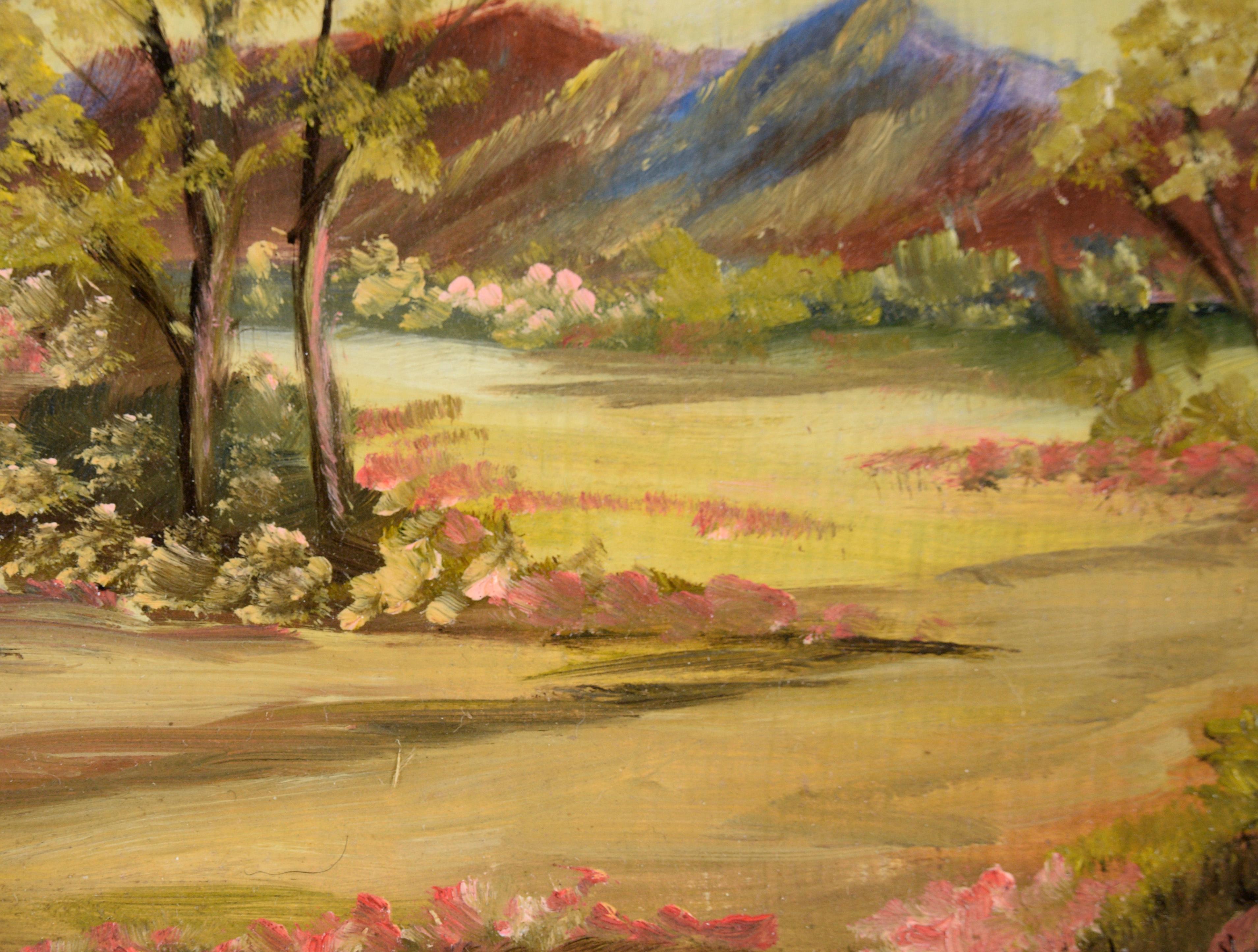 Paysage en plein air de la vallée de Spring Valley à l'huile sur massonite par Gibson en vente 1