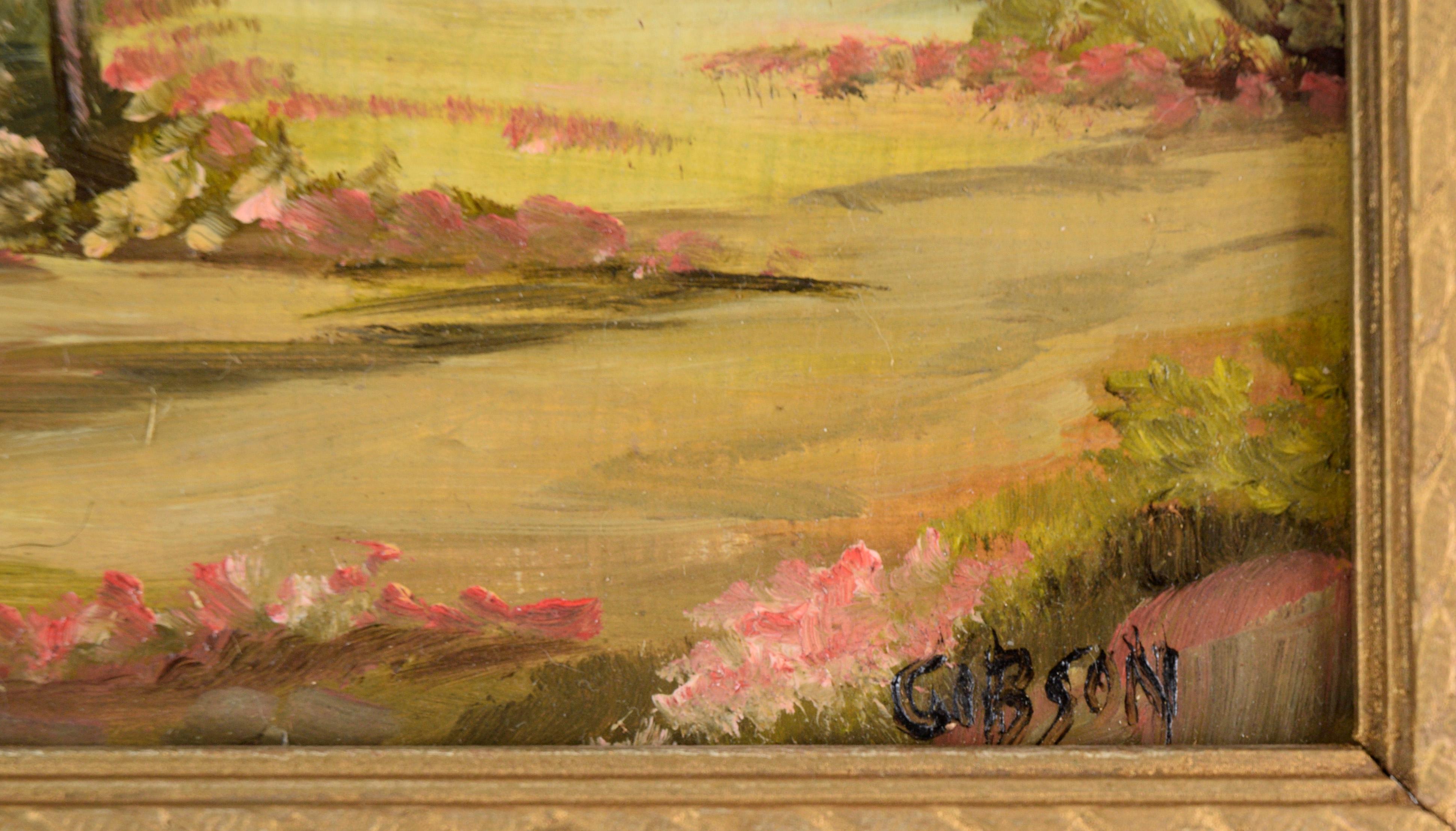 Spring Valley Plein Air Landscape in Oil on Masonite by Gibson - Brown Landscape Painting by Unknown