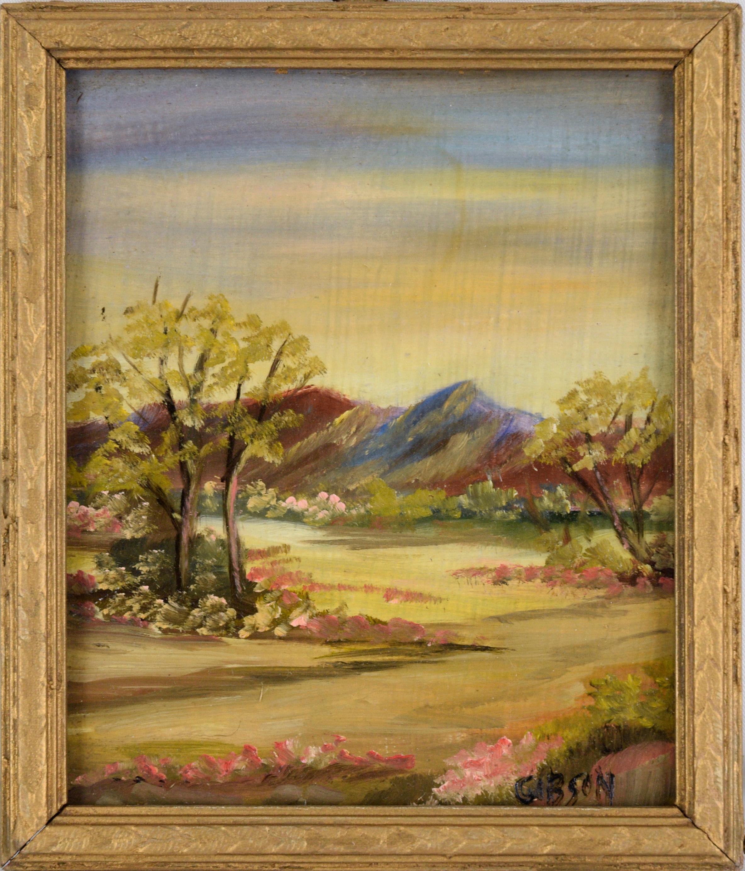 Landscape Painting Unknown - Paysage en plein air de la vallée de Spring Valley à l'huile sur massonite par Gibson