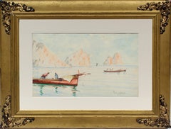 Squid Fishing in Italy Watercolor 1880's Rare Charming Gold Frame Antique Signed