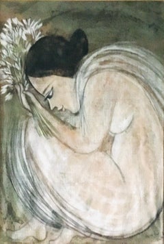 Sri Lankan Modern Female Artist Nalini Jayasupriya Girl with Flowers 1970
s