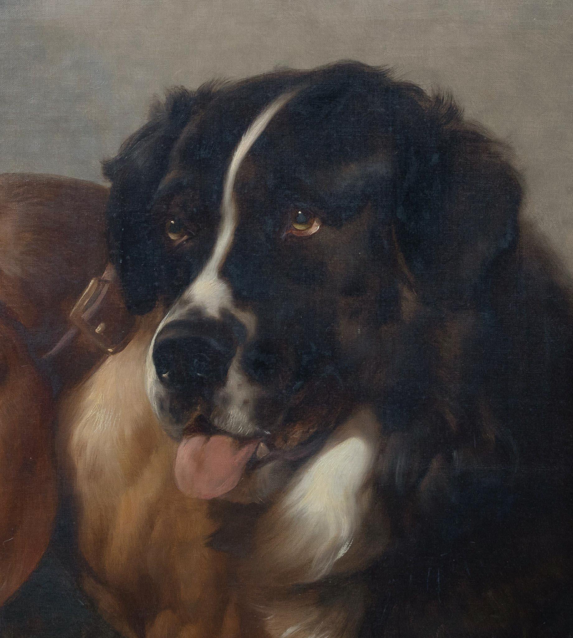 St Bernard & Bloodhound, 19th Century  by Walter Harrowing (1838-1913) - Black Landscape Painting by Unknown