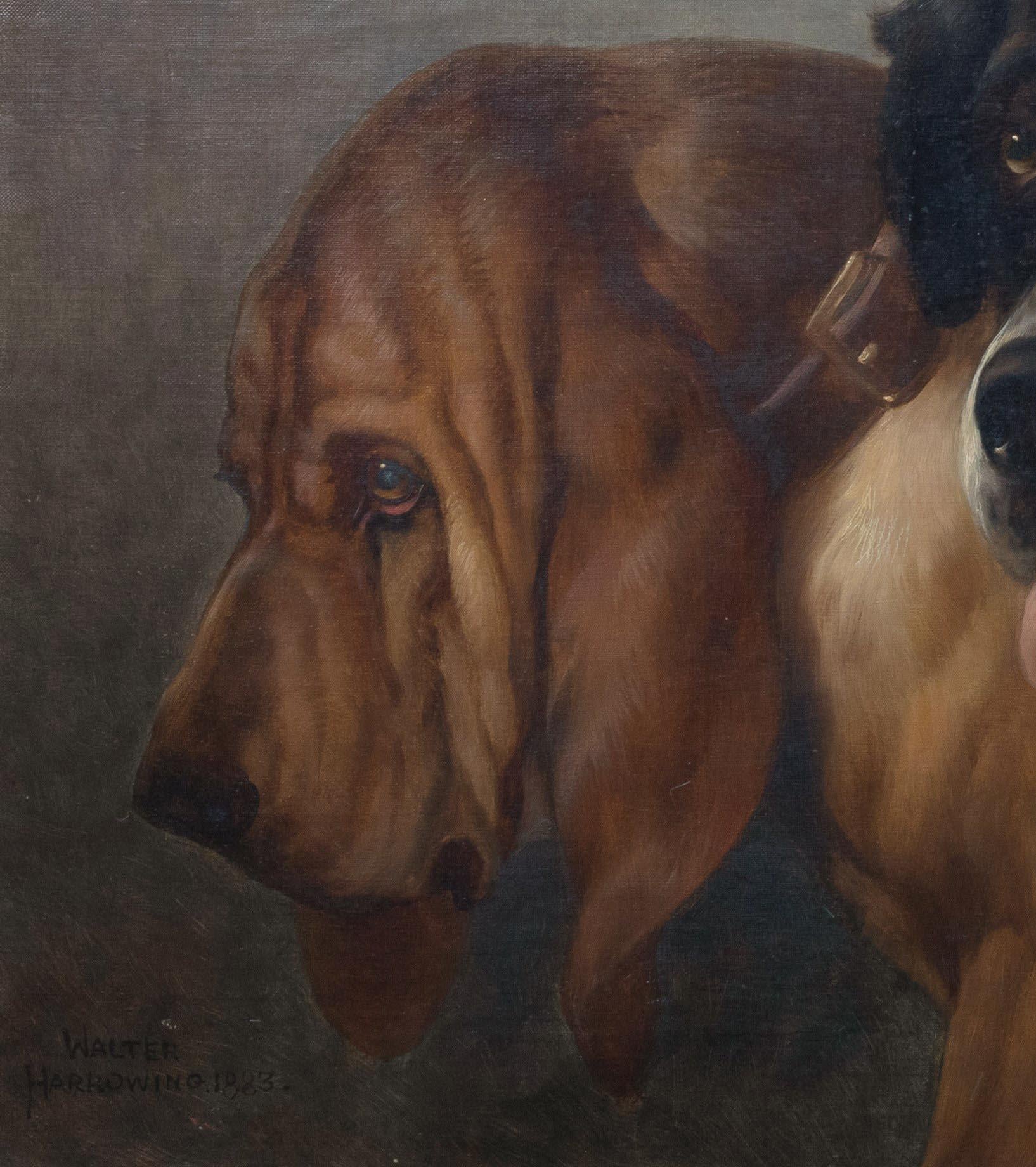 St Bernard & Bloodhound, 19th Century

by Walter Harrowing (1838-1913)

Large 19th Century English portrait of a St Bernard & a Bloodhound, oil on canvas by Walter Harrowing. Excellent quality and condition example of the famous dog painters work as