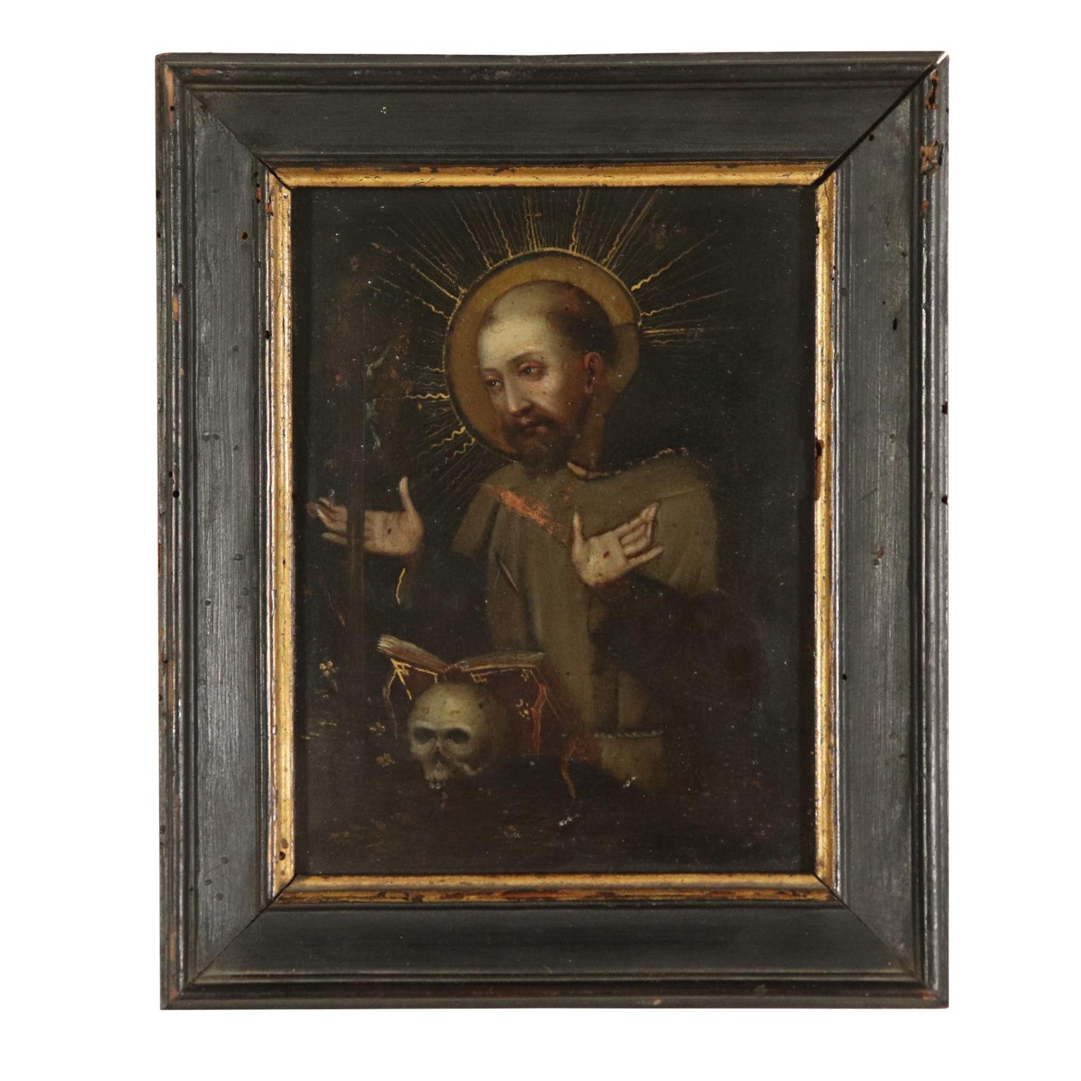 Unknown Portrait Painting - St. Francis Worshiping the Crucifix Oil on Copper Late 1500s