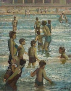 St. John Child - Huile contemporaine encadrée, « Baigneuses à la mer »