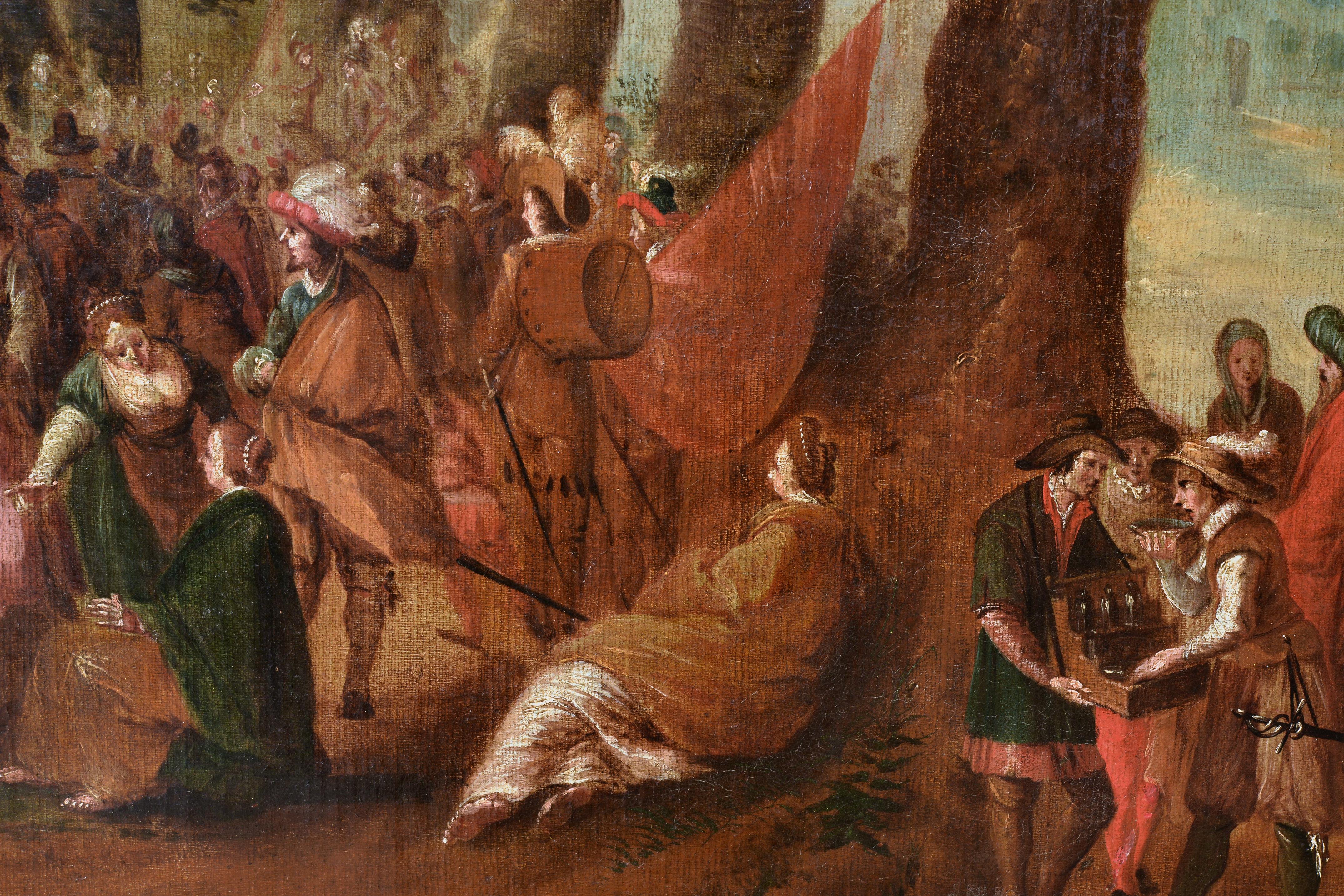 Scena affollata magistralmente dipinta della celebrazione di St. Johns in un paesaggio boscoso. È ben dettagliata con numerose figure di persone a riposo in parte vestite alla maniera dei contemporanei di Saint Johns. C'è una scena del Battesimo nel