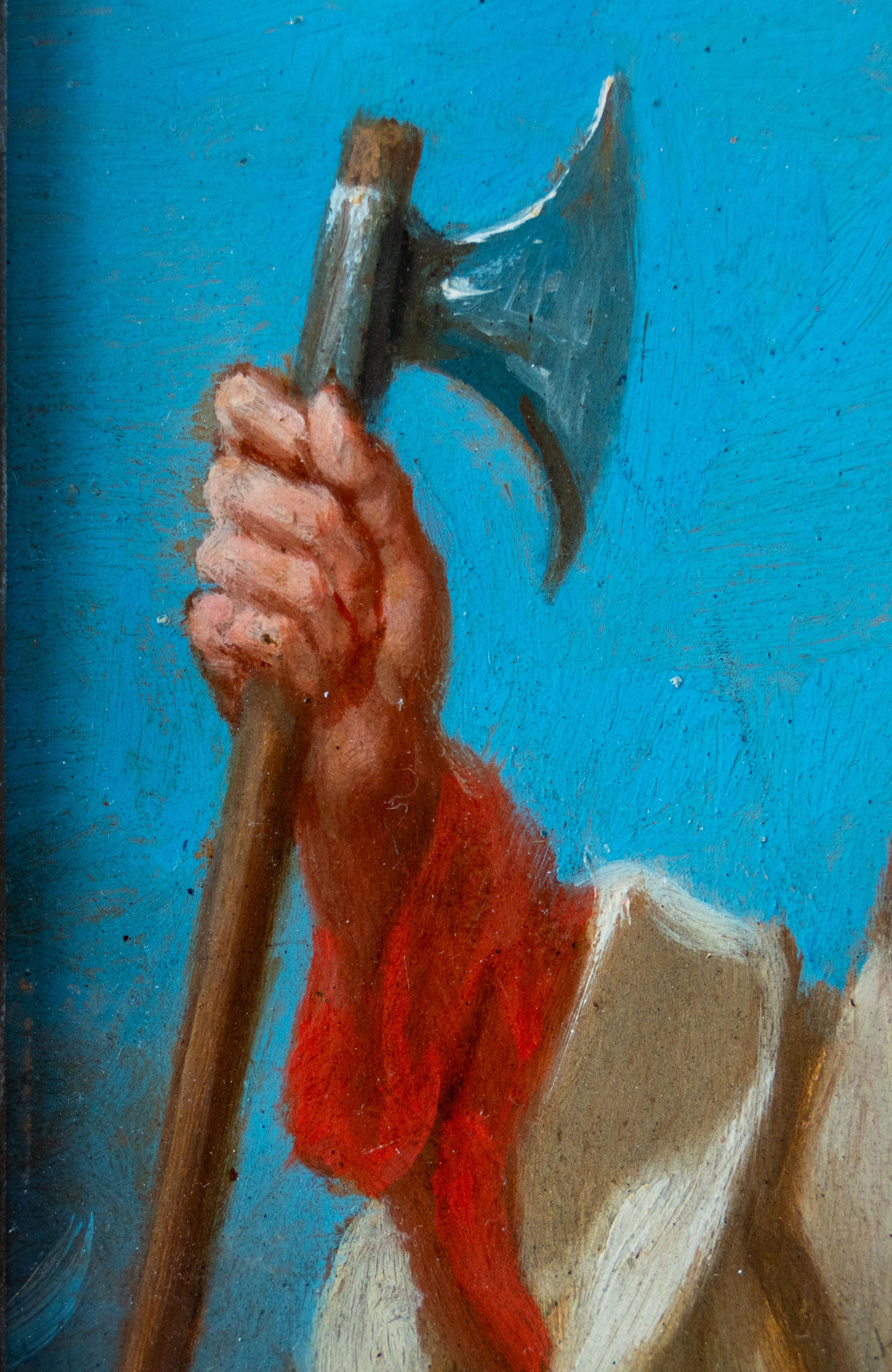 This refined devotional painting, executed in oil on copper, is a distinguished example of the 19th-century Spanish School, known for its emotive sacred imagery and profound spiritual atmosphere. The work portrays Saint Jude Thaddeus, apostle and