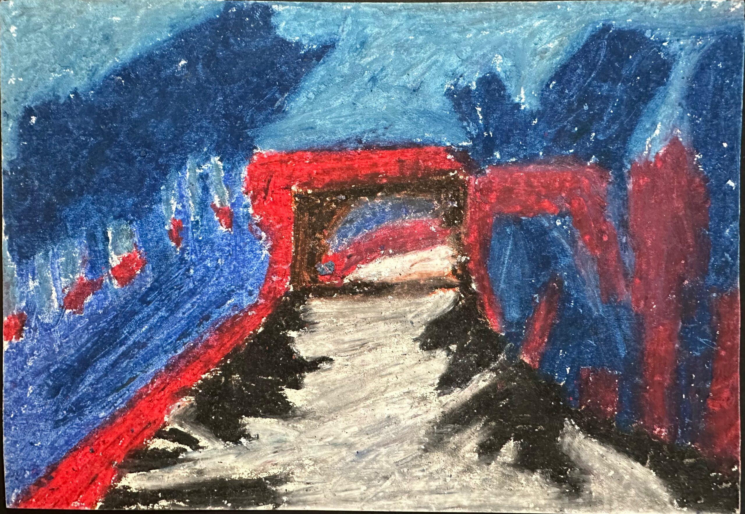 St Marks Park III blue and red bridge by Claudia Capri - Painting by Unknown