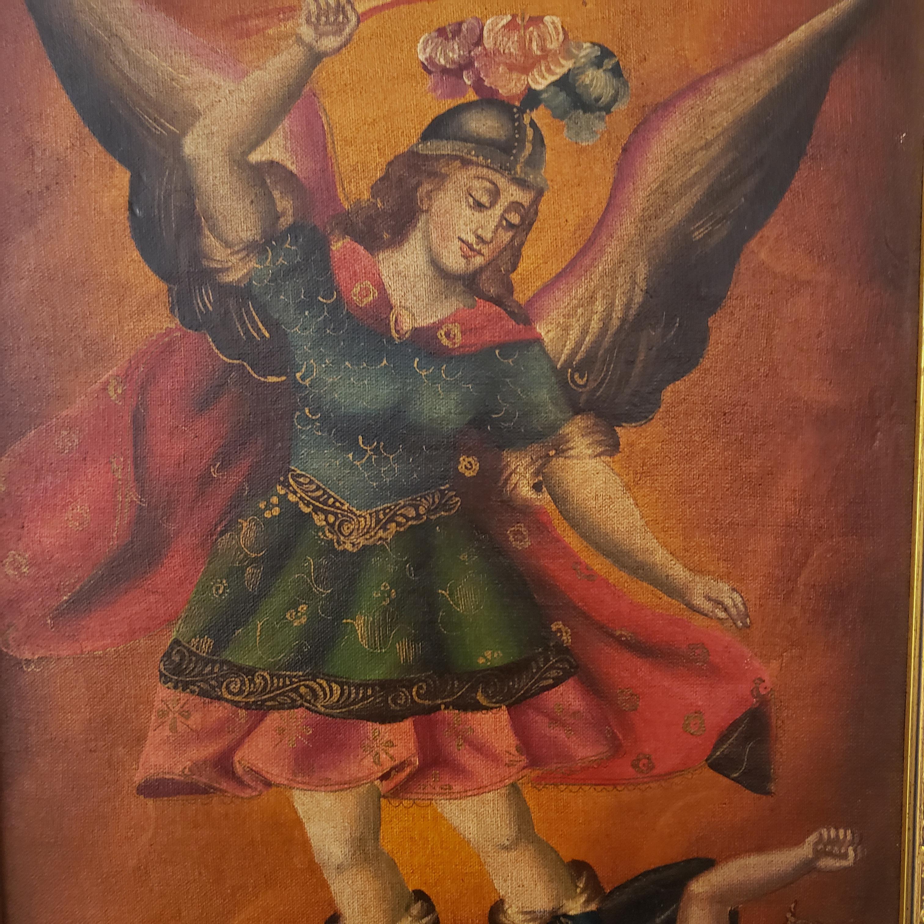 St. Michael the Archangel, School of Cusco, Peru, Framed early 1900's - Painting by Unknown