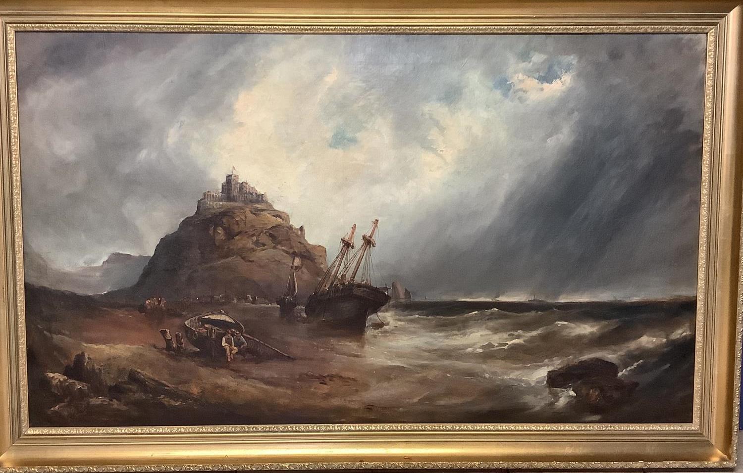 Landscape Painting Unknown - Huile de paysage marin de St Michael's Mount, Cornouailles 