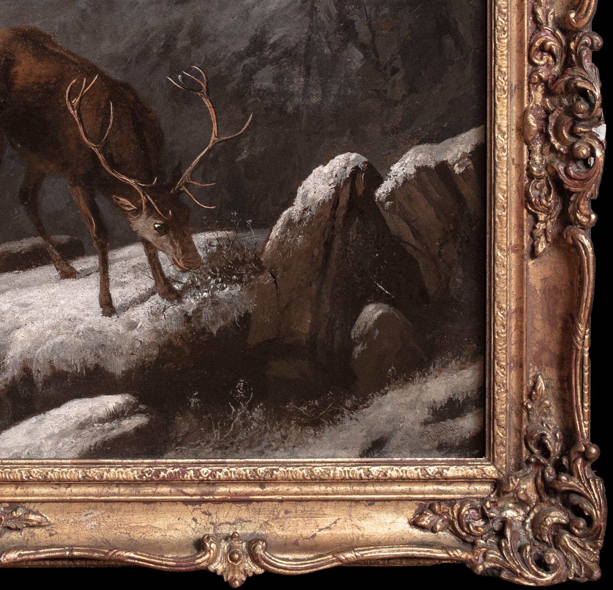 Stag & Deer Grazing In The Frozen Scottish Highlands, 19th Century

by ROBERT HENRY ROE (BRITISH 1822-1905)

Large 19th Century Scottish Highland scene of a deer & Stag grazing in a frozen winter landscape, oil on canvas by Robert Henry Roe.