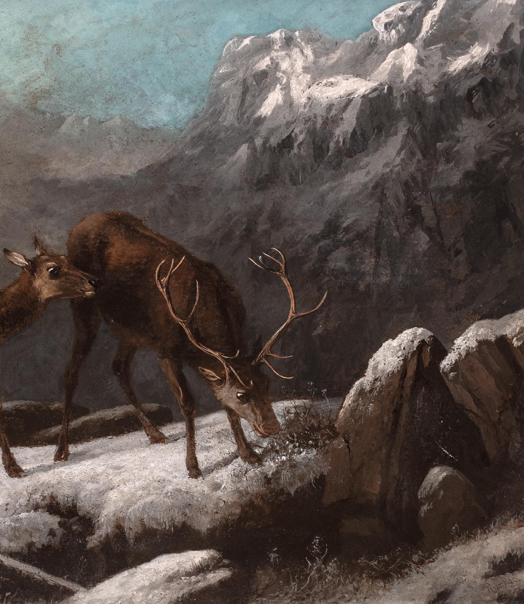 Stag & Deer Grazing In The Frozen Scottish Highlands, 19th Century  ROBERT ROE For Sale 2