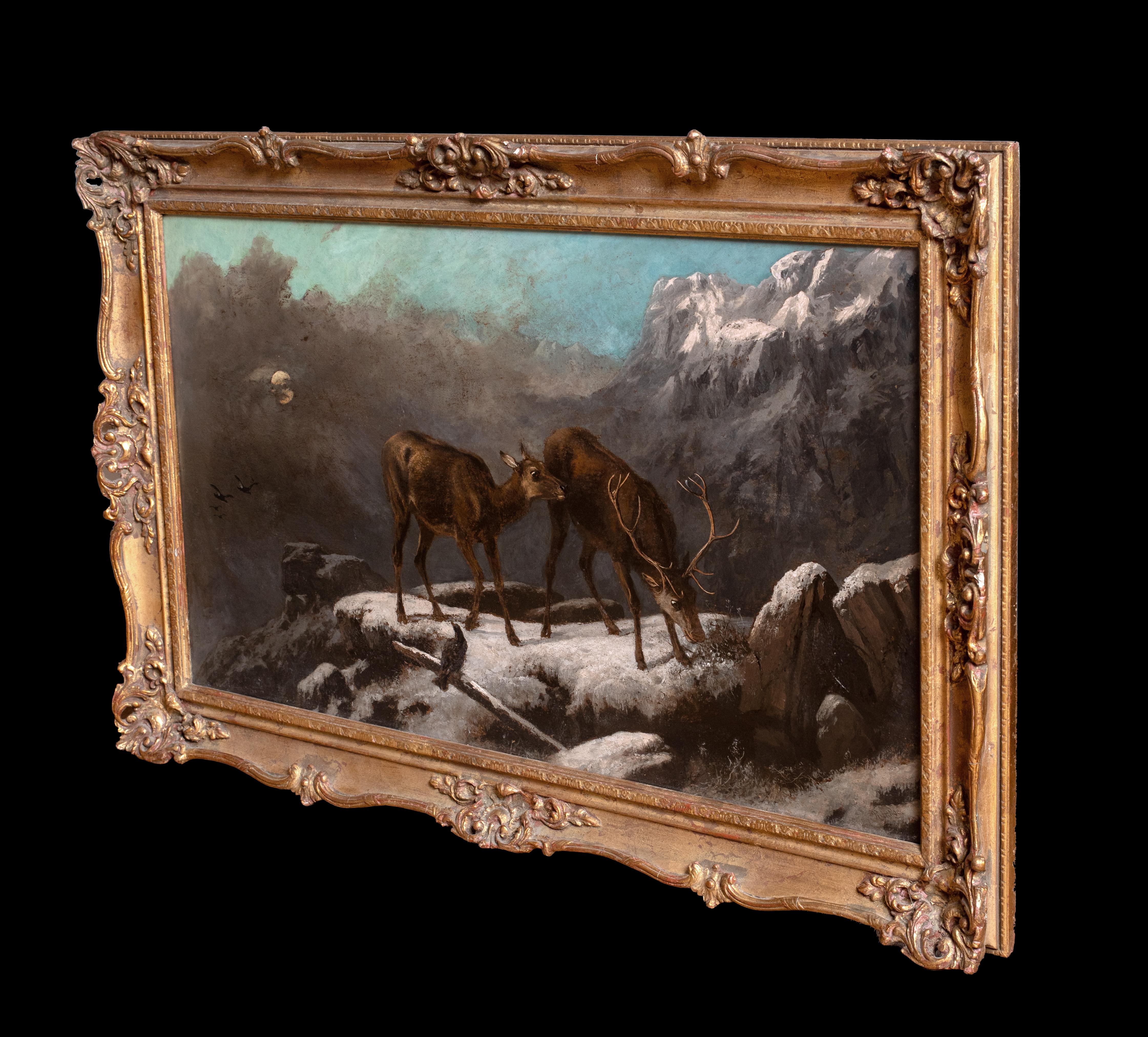 Stag & Deer Grazing In The Frozen Scottish Highlands, 19th Century  ROBERT ROE For Sale 4