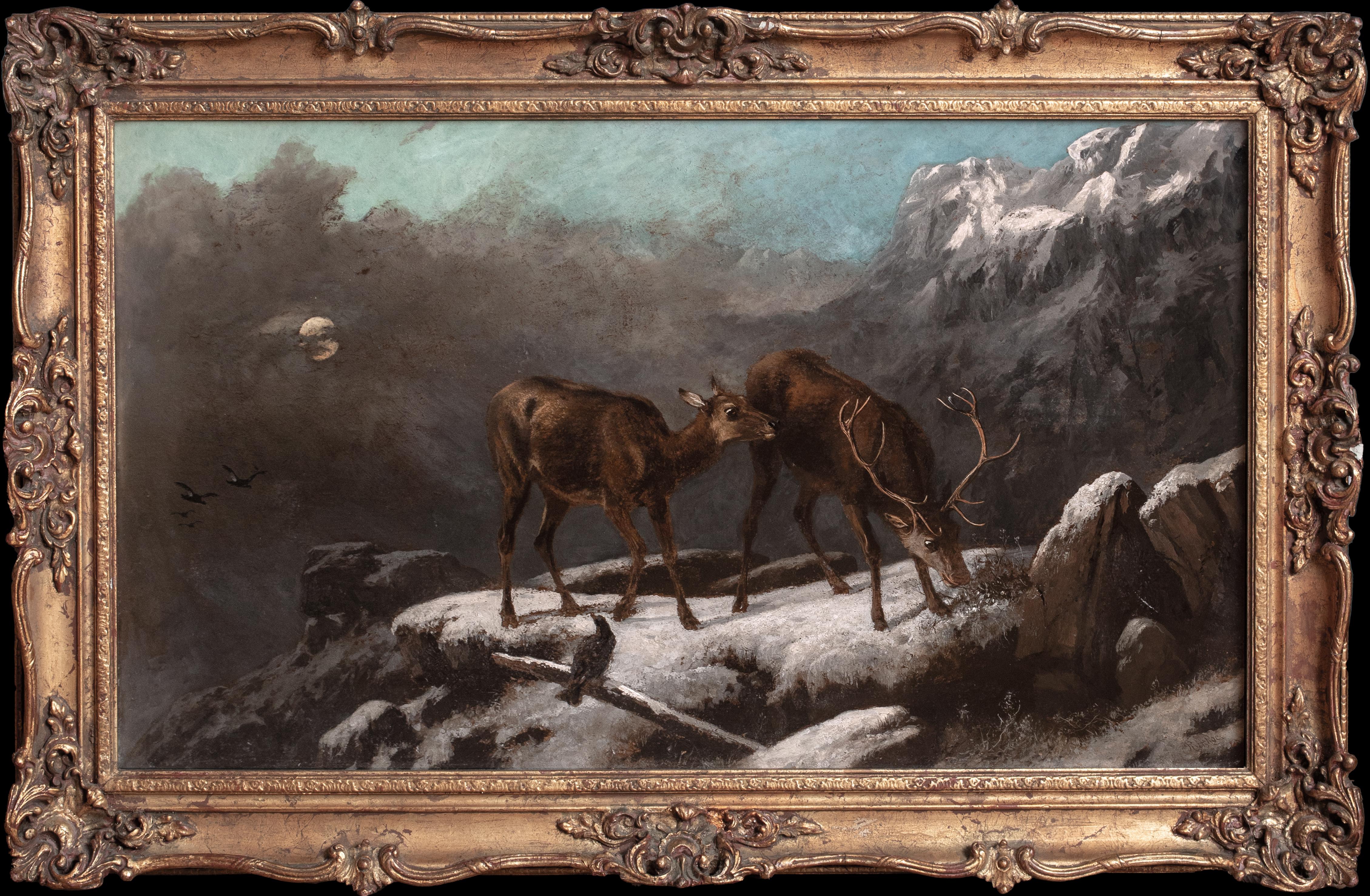 Unknown Animal Painting - Stag & Deer Grazing In The Frozen Scottish Highlands, 19th Century  ROBERT ROE