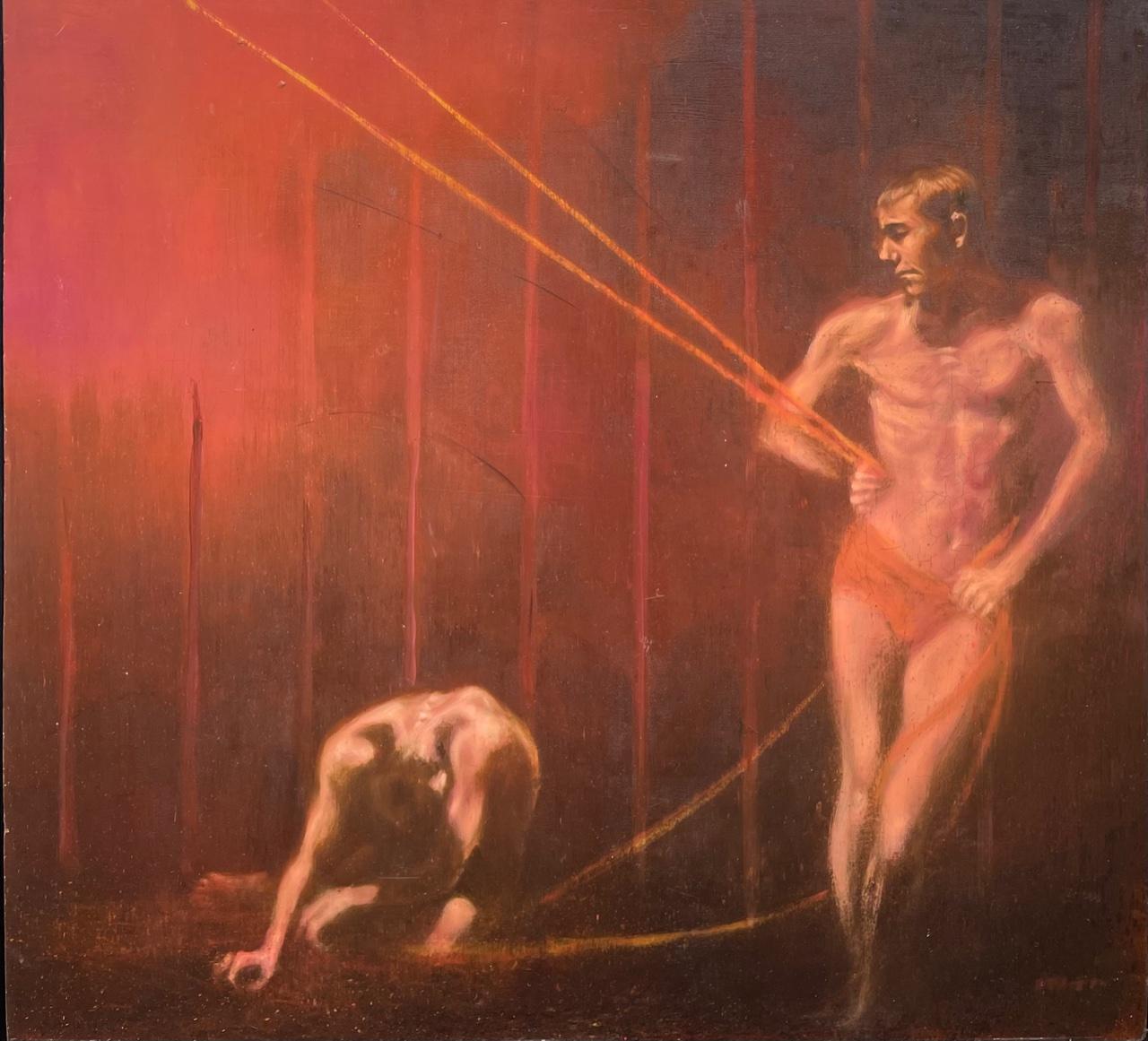 Standing Male Boy Nudes Acrobats Pulling Ropes and walking on Tightropes - Painting by Unknown