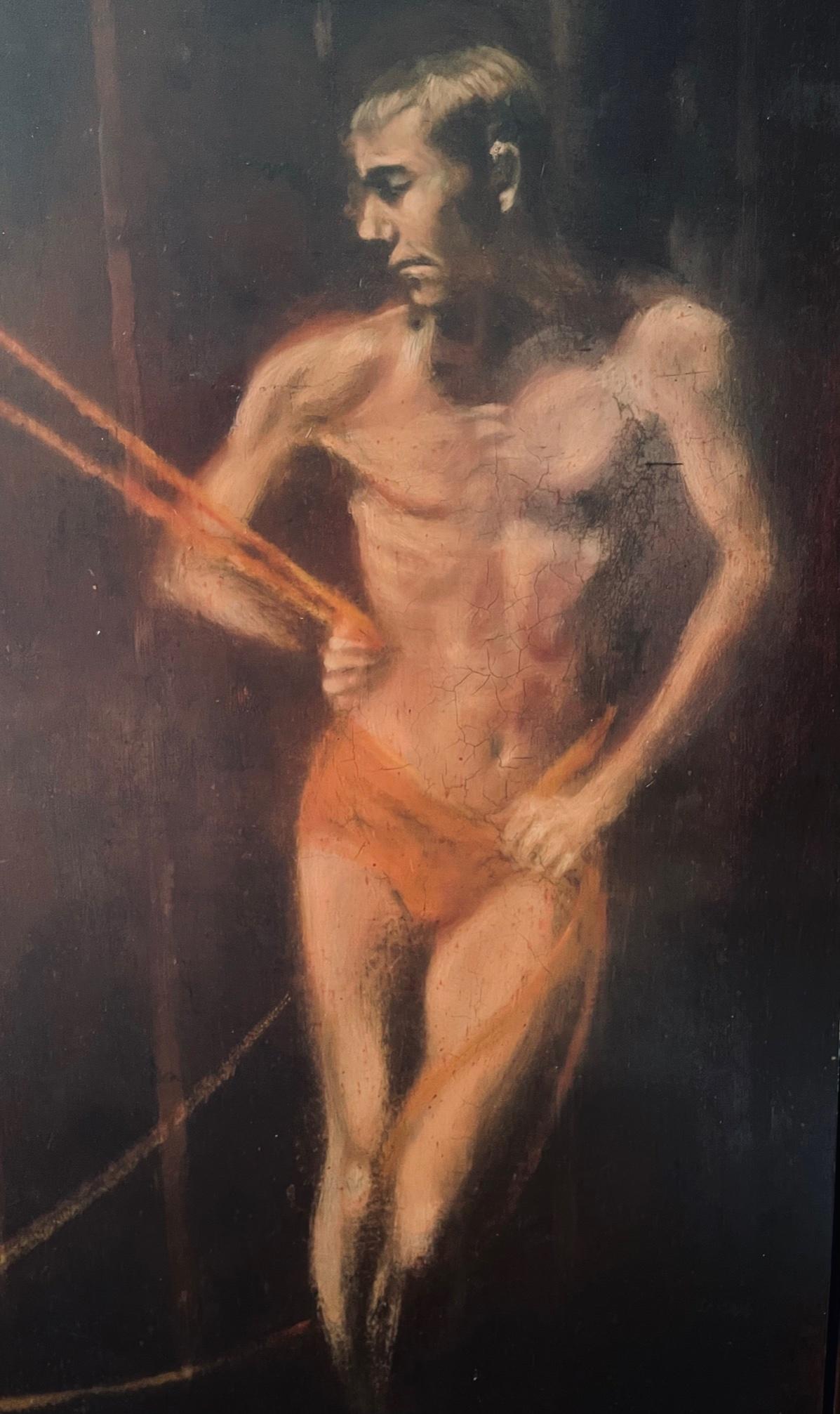 Standing Male Boy Nudes Acrobats Pulling Ropes and walking on Tightropes - Brown Nude Painting by Unknown