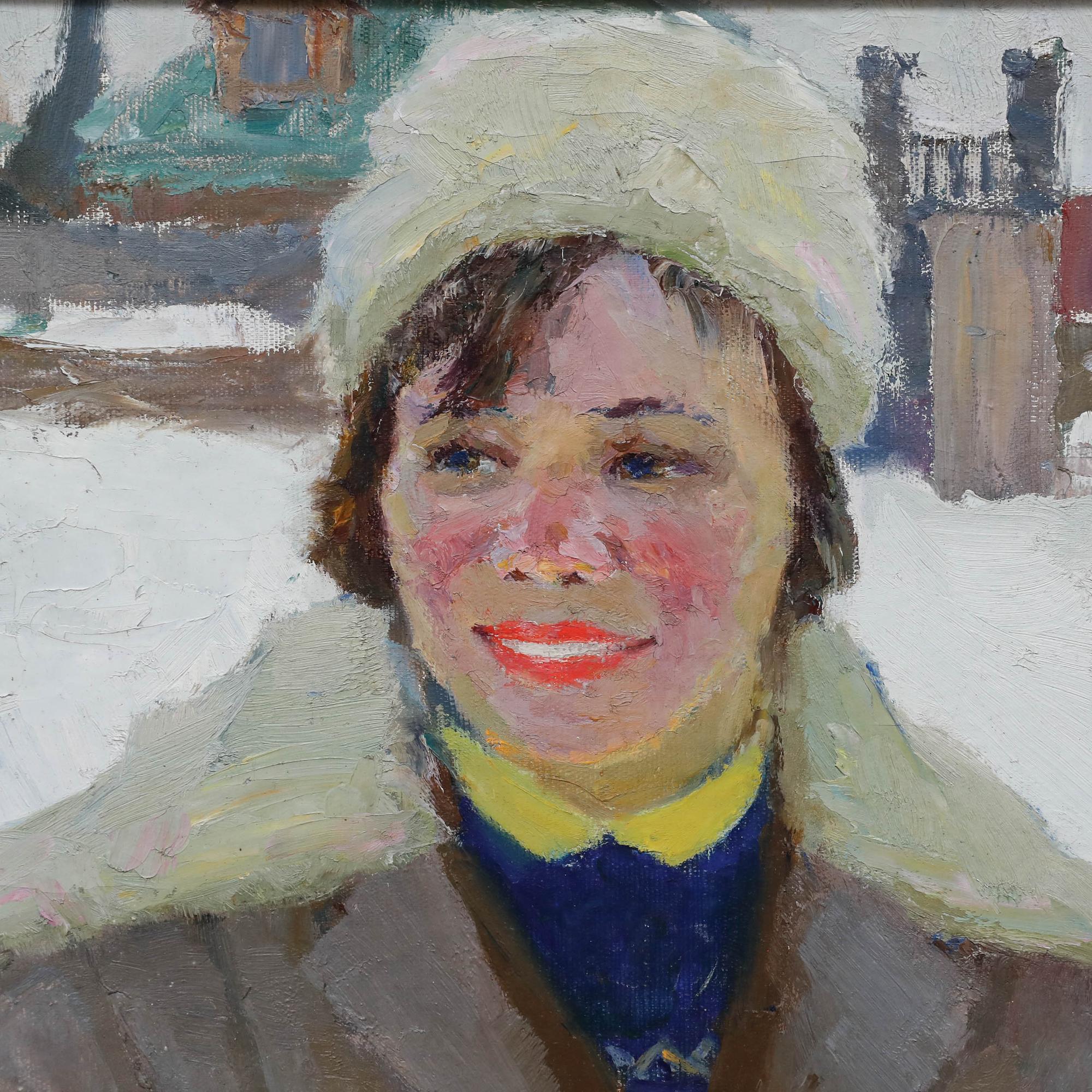 Stanislav Boleslavovich Katchalsky (1915-1995), Russian School, oil on canvas. Portrait of Vera in the snow. Signed in Cyrillic to the lower right. Dated 1968. Inscribed in Cyrillic verso. Presented in a contemporary oak frame. 