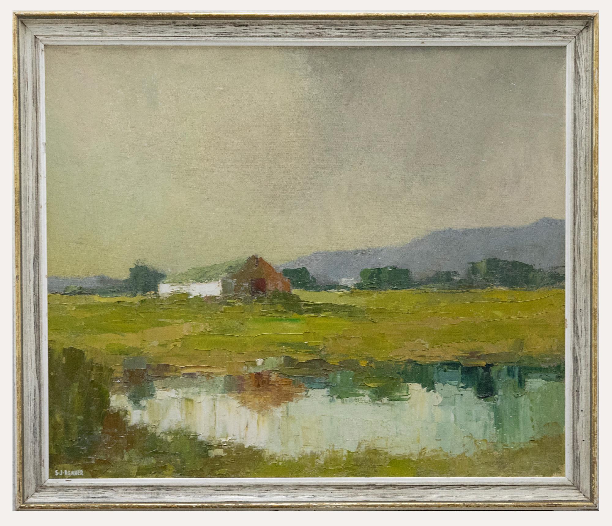 Unknown Landscape Painting -  Stanley J. Banner (b.1924) - Mid 20th Century Oil, Building in Landscape