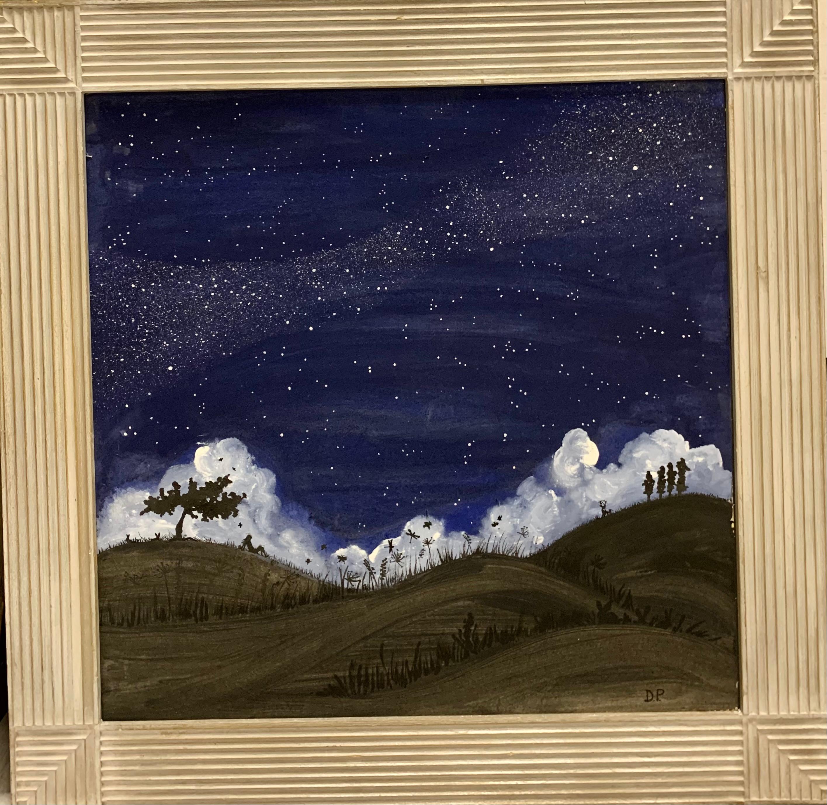 Unknown Landscape Painting - "Starry Night" Star, Blue, Black, Night, Sky  cm. 58 x 58