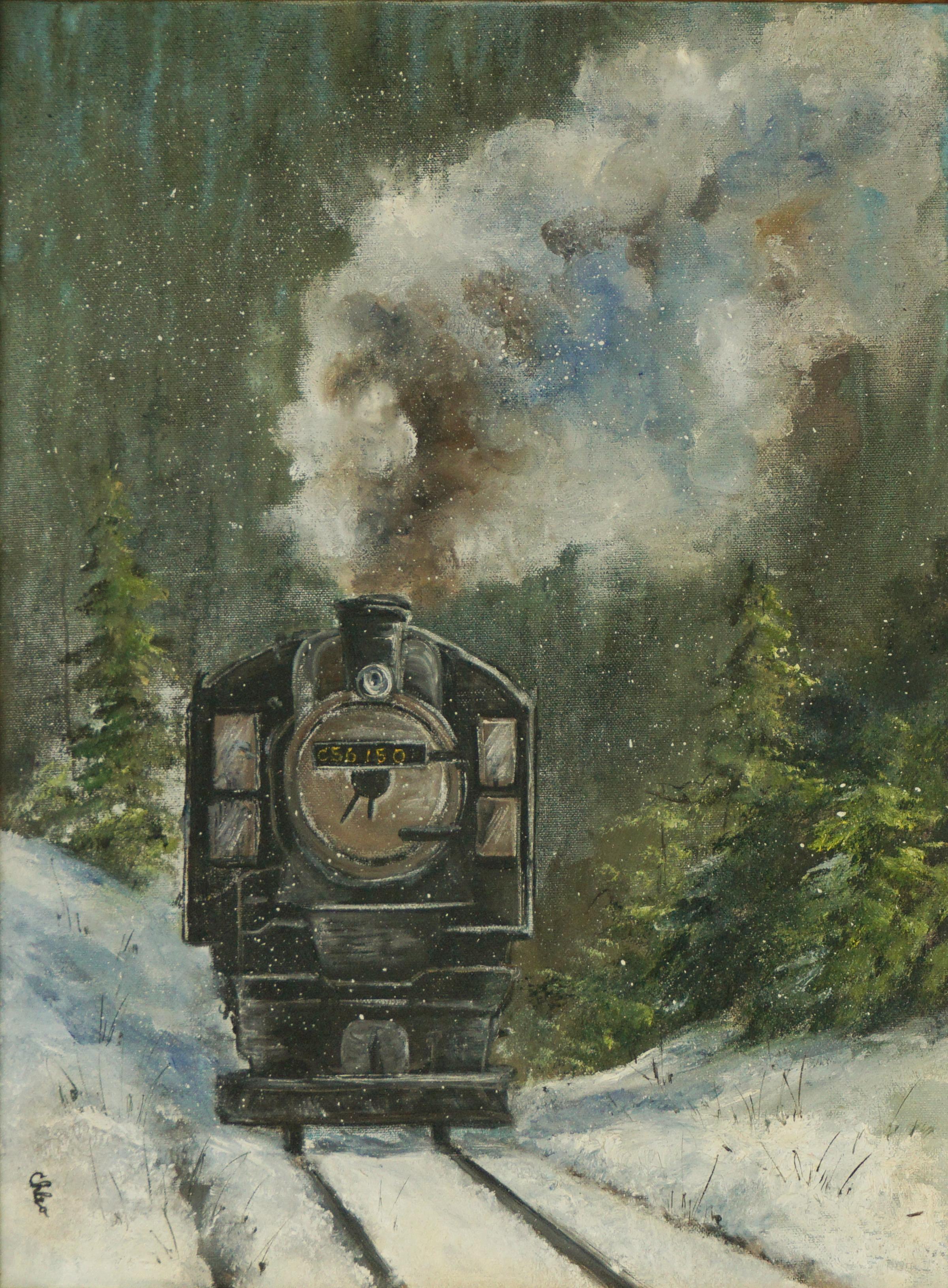 Steam Locomotive Train in Winter, Snowy Nocturnal Landscape - Painting by Unknown