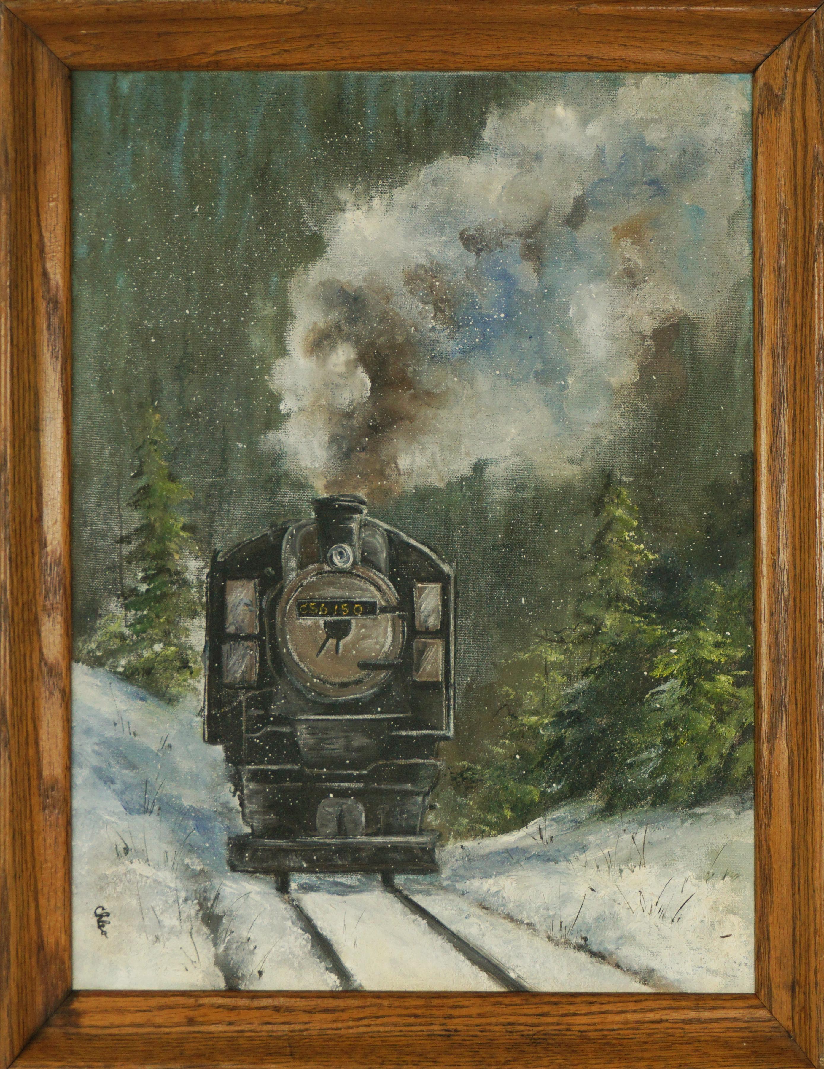 Unknown Landscape Painting - Steam Locomotive Train in Winter, Snowy Nocturnal Landscape