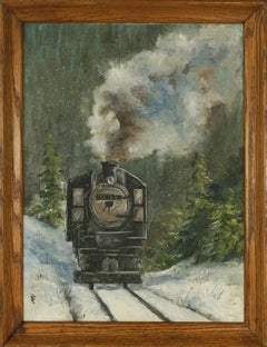 Steam Locomotive Train in Winter, Snowy Nocturnal Landscape