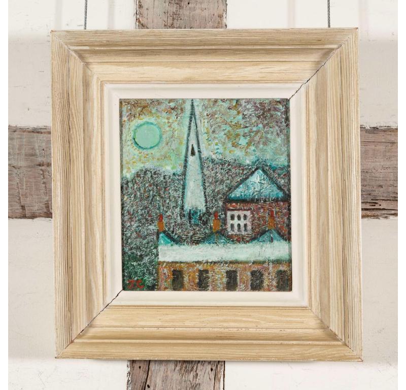 Steeple and Moon, Öl auf Karton Gemälde von John Christopherson, 1970 – Painting von Unknown