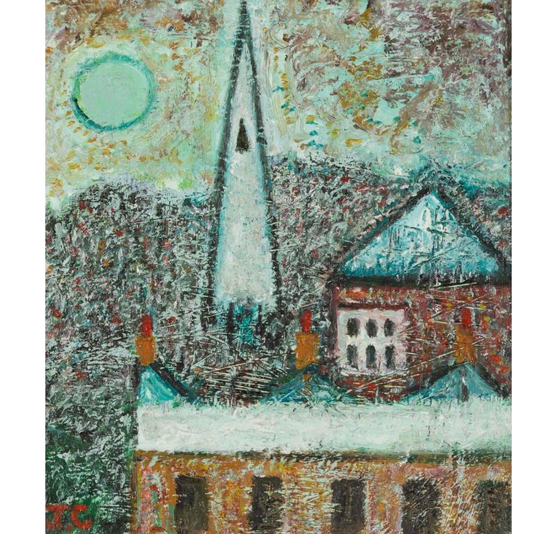 Unknown Abstract Painting – Steeple and Moon, Öl auf Karton Gemälde von John Christopherson, 1970