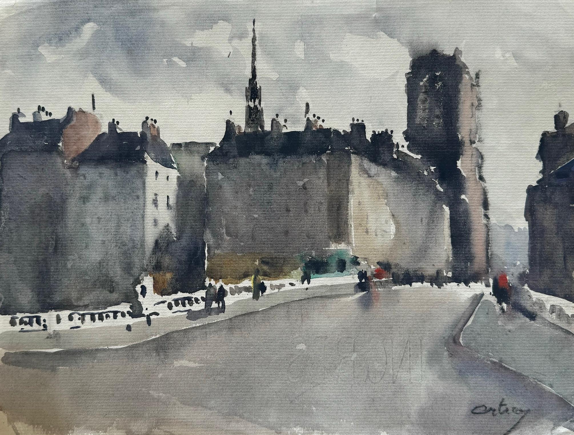 Unknown Landscape Painting - Steeple Scene, Mixed Media on Paper Colorful Paris City Scene