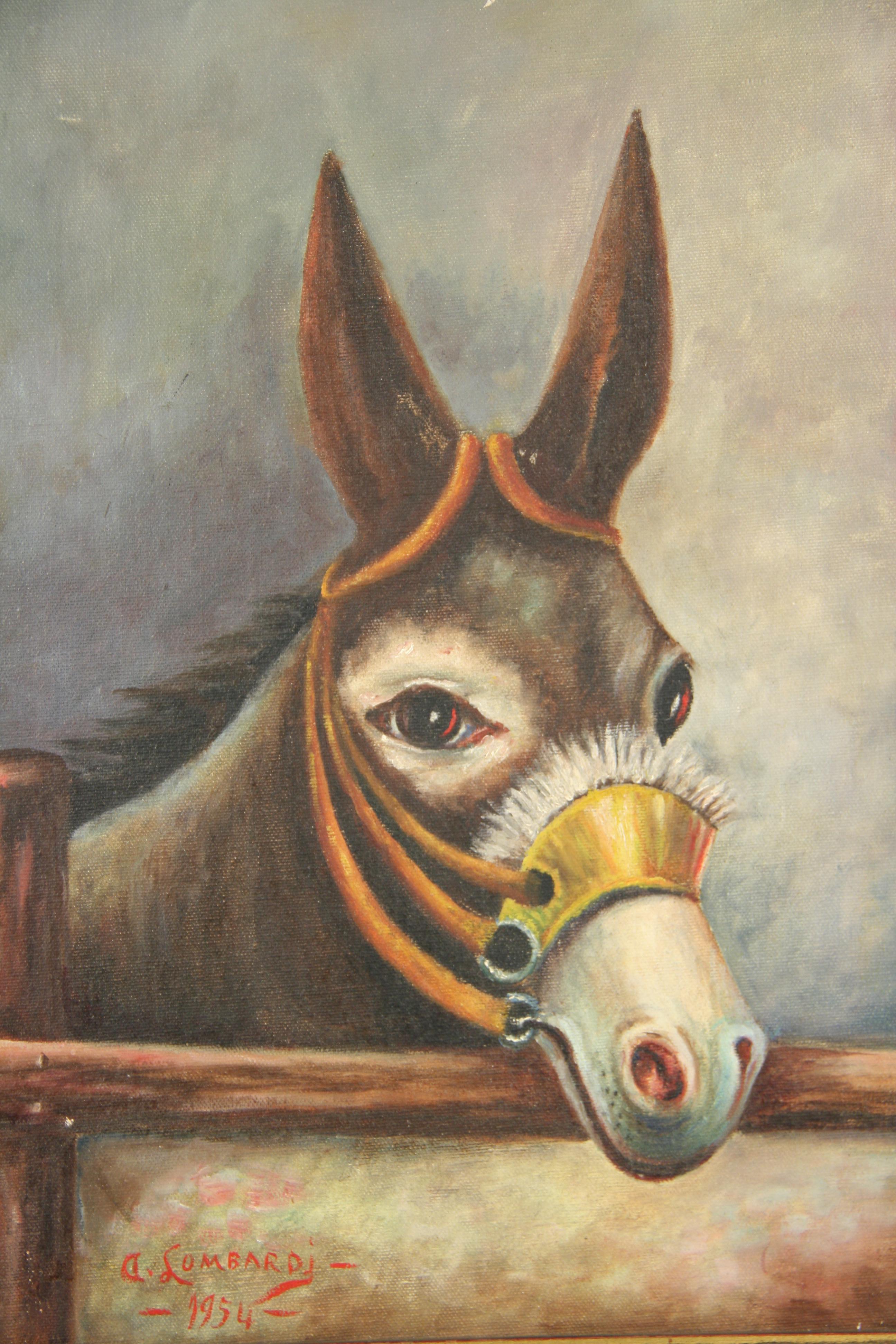 #5-2992 Stella a female donkey, oil on canvas applied to a board, displayed in a gilt wood frame, signed lower left by A.Lombardi 1954