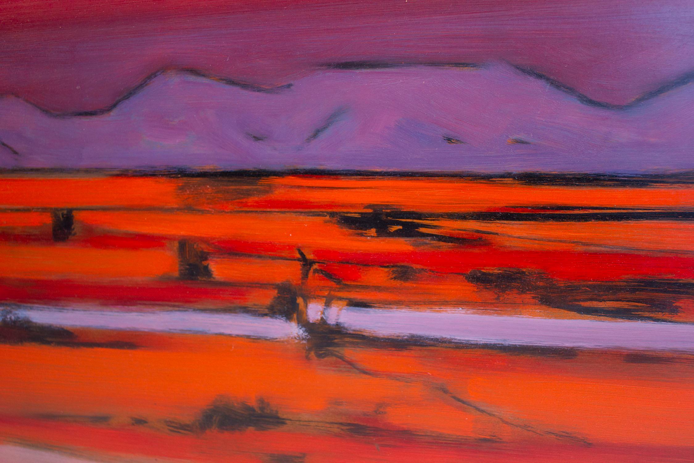 Vibrante olio su tavola di Stephen Thomas Rascoe intitolato Sierra Madre. circa 1969. Un'incredibile combinazione di colori!

Rascoe era un noto artista e professore texano che ha prodotto una serie di opere prolifiche, tra cui molti lavori astratti