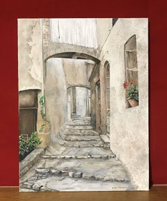 STEPS IN PROVENCAL OLD TOWN VILLAGE STREET - SIGNED ENGLISH OIL PAINTING