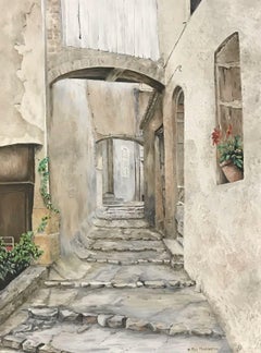 Vintage STEPS IN PROVENCAL OLD TOWN VILLAGE STREET - SIGNED ENGLISH OIL PAINTING