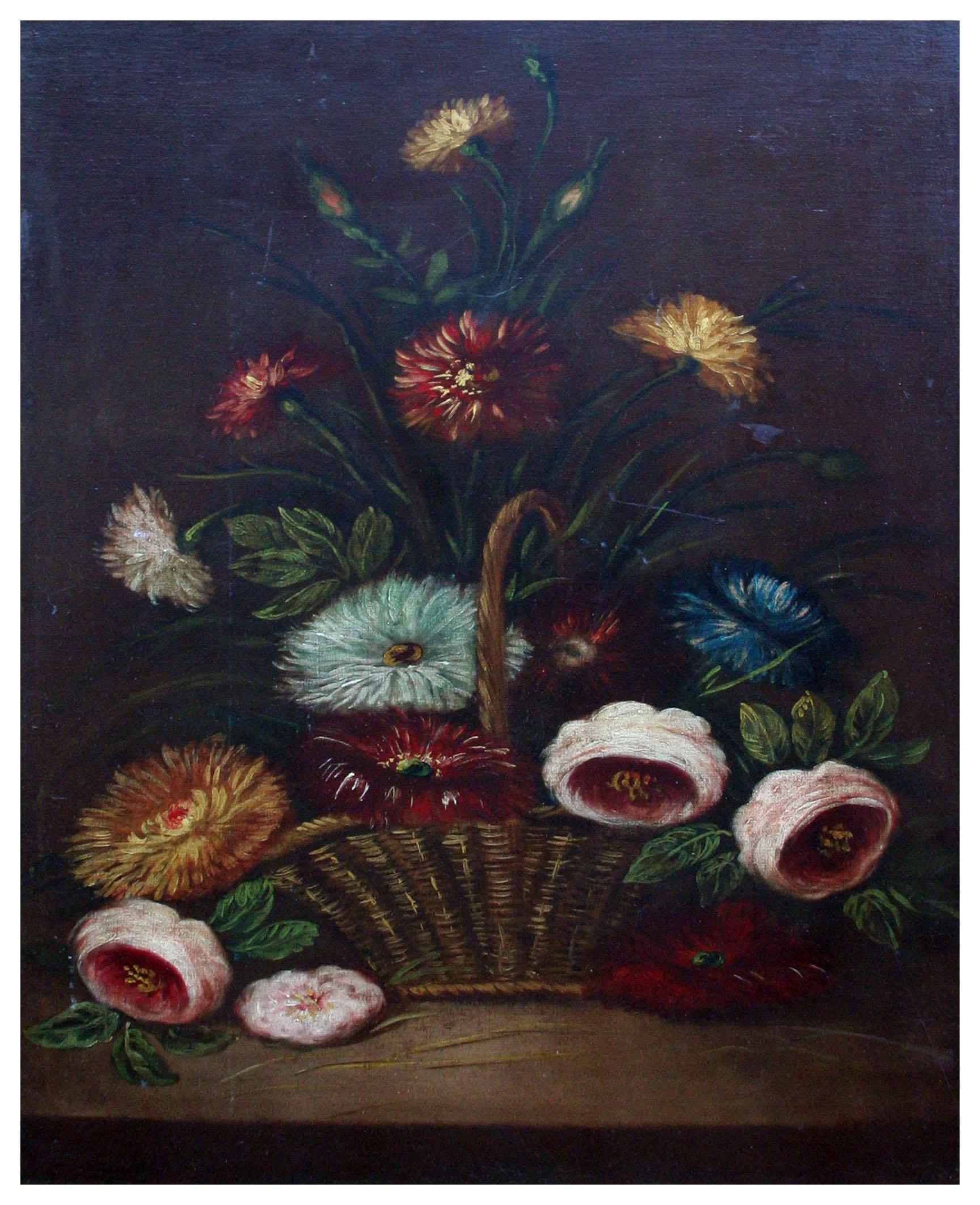 Still Life Basket of Chrysanthemums  - Painting by Unknown
