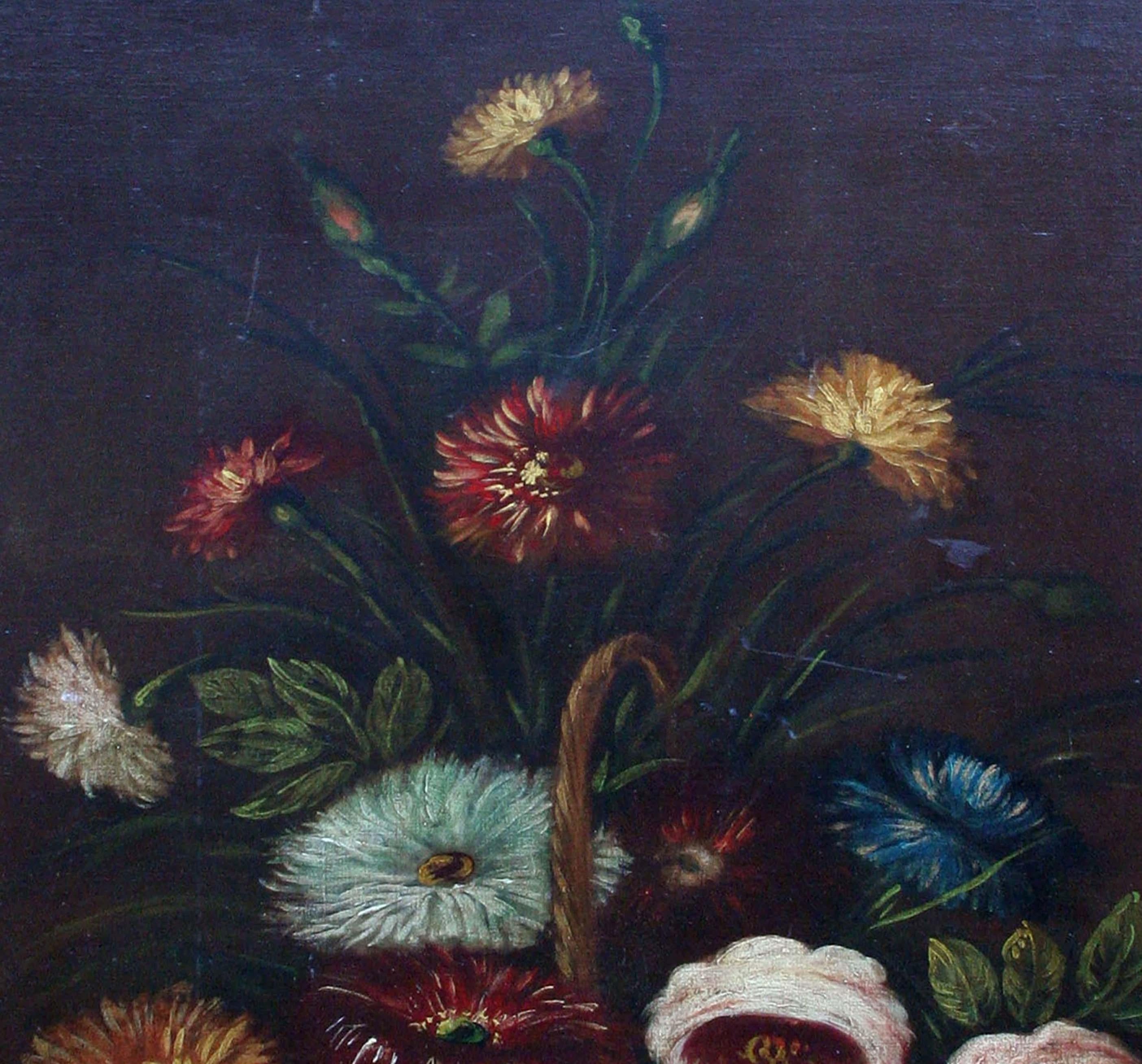 Still Life Basket of Chrysanthemums  - Black Interior Painting by Unknown