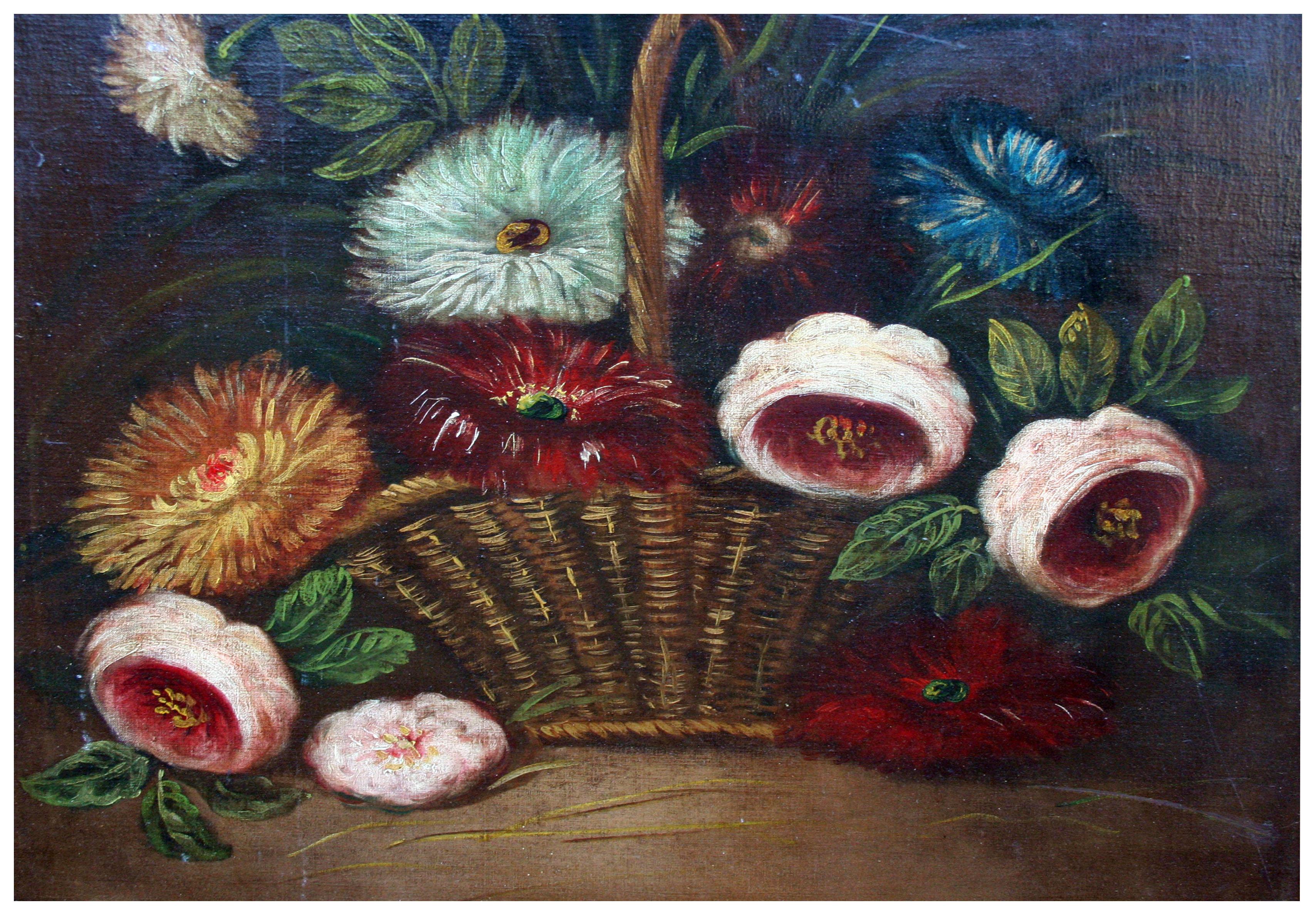 Victorian still life of a basket of chrysanthemums by an unknown artist. Unsigned. Silvertoned period frame. Image, 35