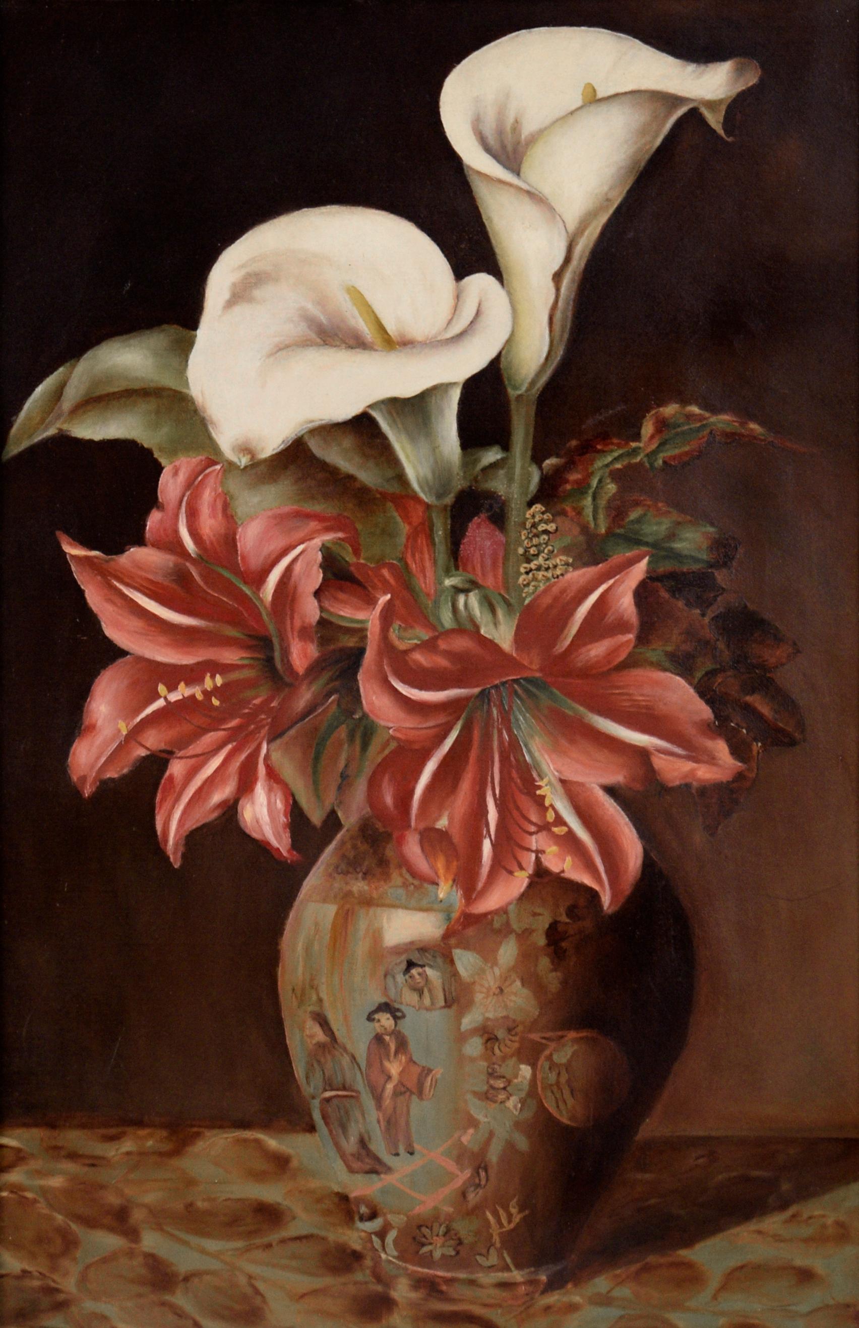 Still Life Bouquet with Calla Lilies and Amaryllis in Chinese Vase - Painting by Unknown