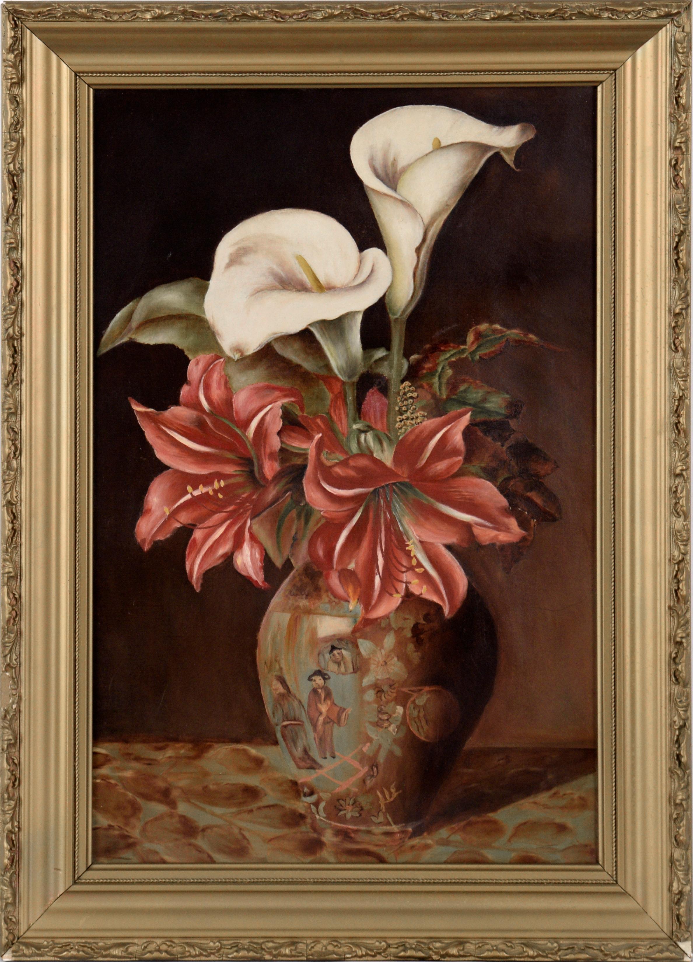 Still Life Bouquet with Calla Lilies and Amaryllis in Chinese Vase
