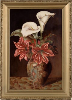 Antique Still Life Bouquet with Calla Lilies and Amaryllis in Chinese Vase