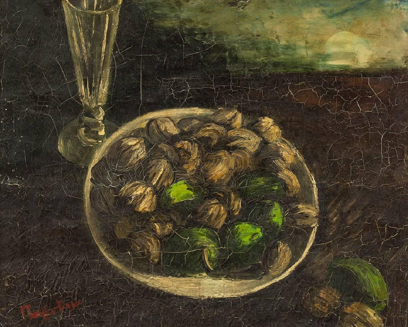 Bol de nus et de fruits nature morte signé Hartigan - Painting de Unknown