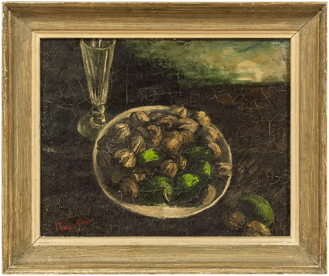 Unknown Still-Life Painting - Still Life Bowl Of Nuts and Fruits signed Hartigan