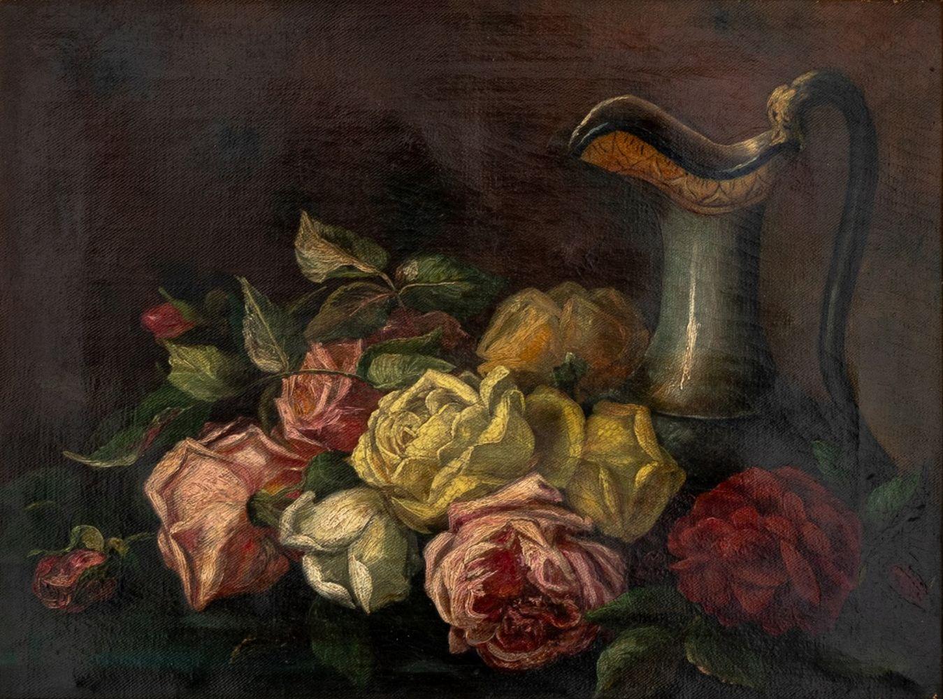 Still Life Flowers & Ewer, 19th C. - Painting by Unknown