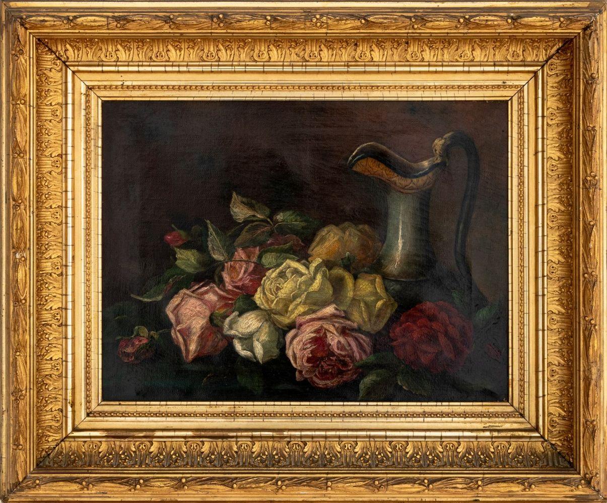 Unknown Still-Life Painting - Still Life Flowers & Ewer, 19th C.