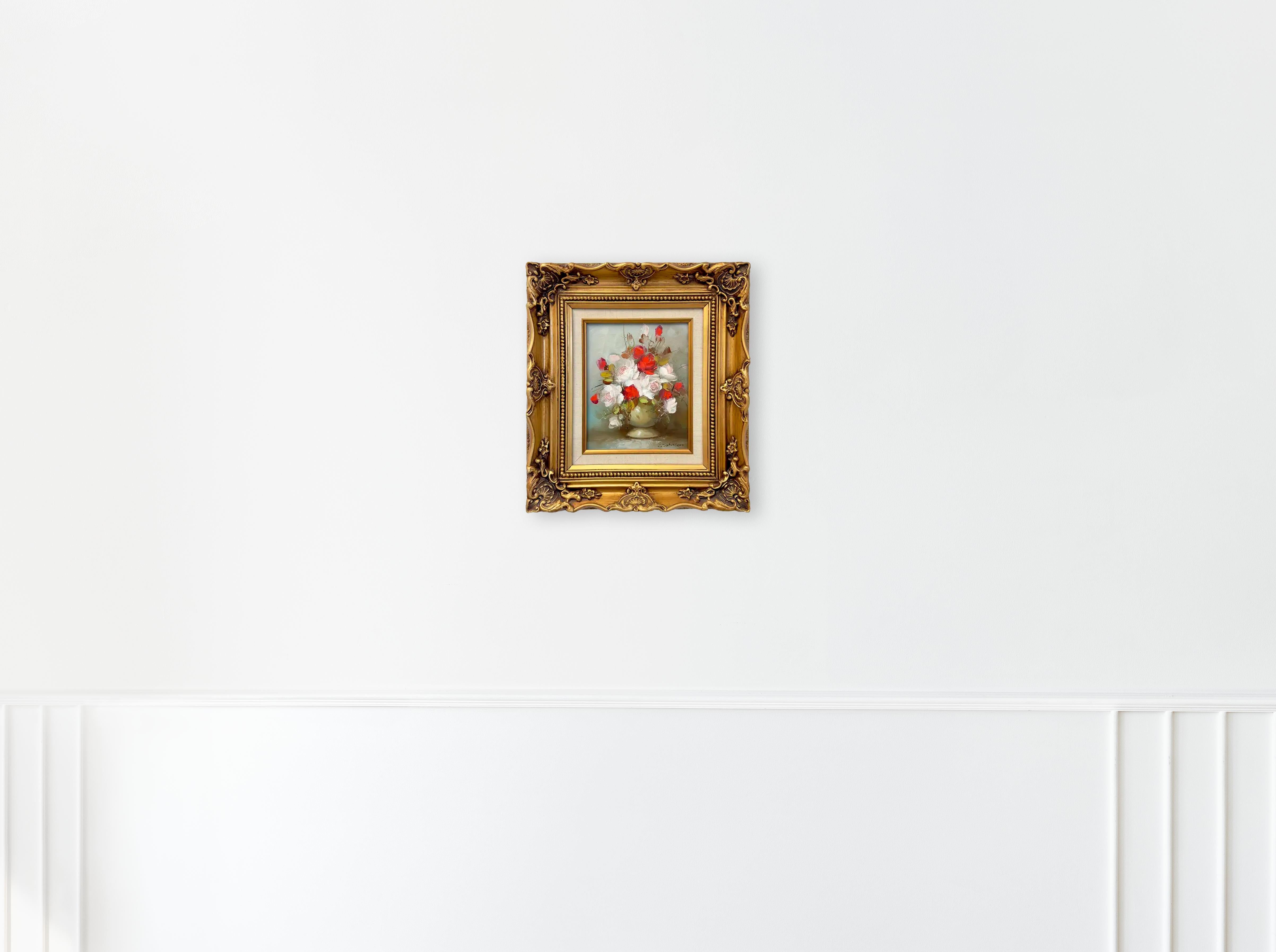 Stillleben Blumen Öl auf Leinwand Gemälde in maßgefertigtem vergoldetem Rahmen, signiert C.Johnson – Painting von Unknown