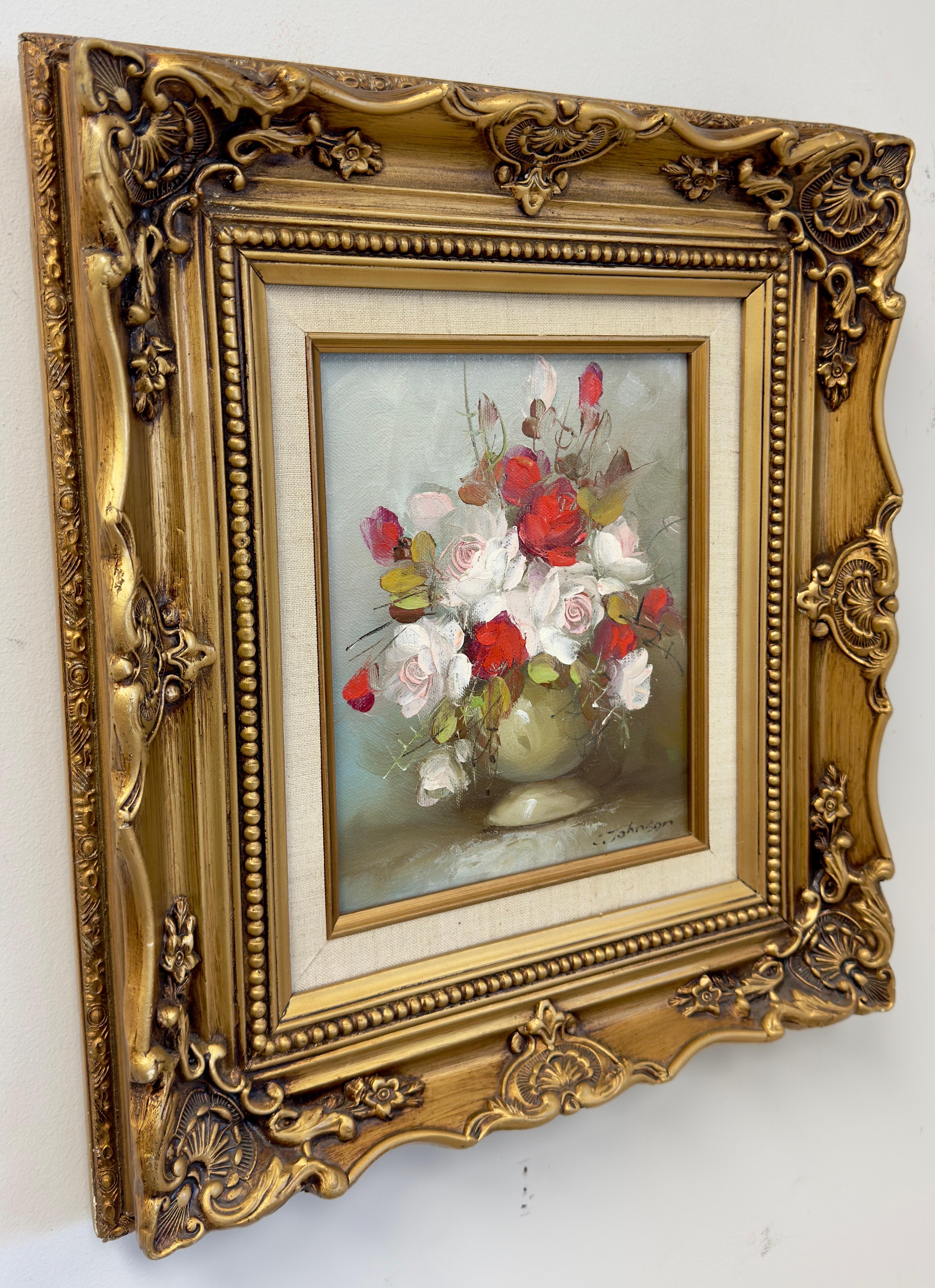 Stillleben Blumen Öl auf Leinwand Gemälde in maßgefertigtem vergoldetem Rahmen, signiert C.Johnson (Braun), Still-Life Painting, von Unknown